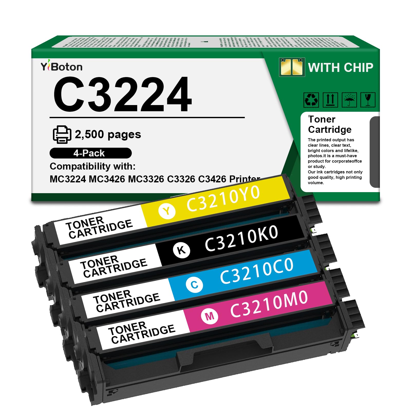 C3210K0 C3210C0 C3210M0 C3210Y0 High Yield Toner Cartridge (with Chip) Replacement for C3224 C3326 C3426 MC3224 MC3326 MC3426 Printers (4-Pack BK/C/M/Y) - Ideal for Office Printing
