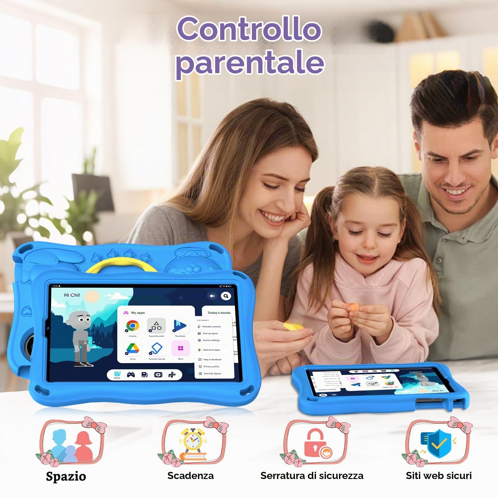 2026 Tablet per bambini 9 pollici Android 15 con 12 GB di RAM + TF 1 TB, 5G WiFi, Octa-Core, Widevine L1, controllo genitoriale, 5000 mAh, 1340 x 800, BT 5.0, per bambini con custodia Eva - Blu