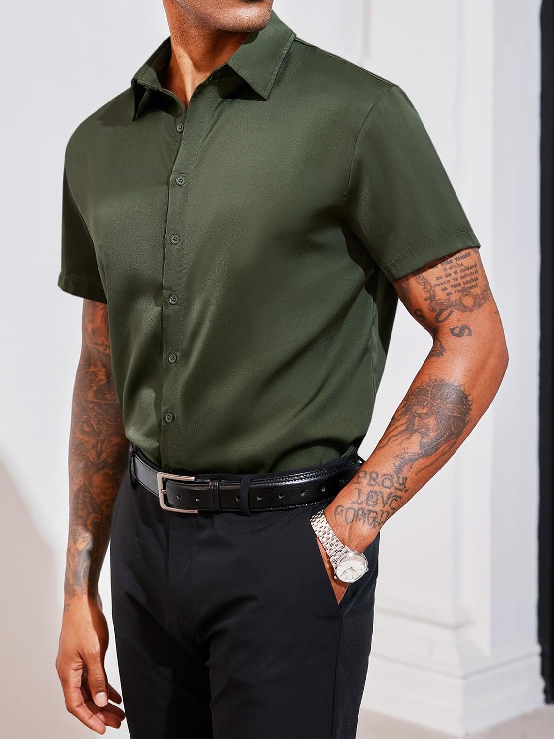 Runcati Mens Luxury Satin Silk Dress Shirts Casual Button Down Short Sleeve Prom Party Wedding Shirt - Image 2