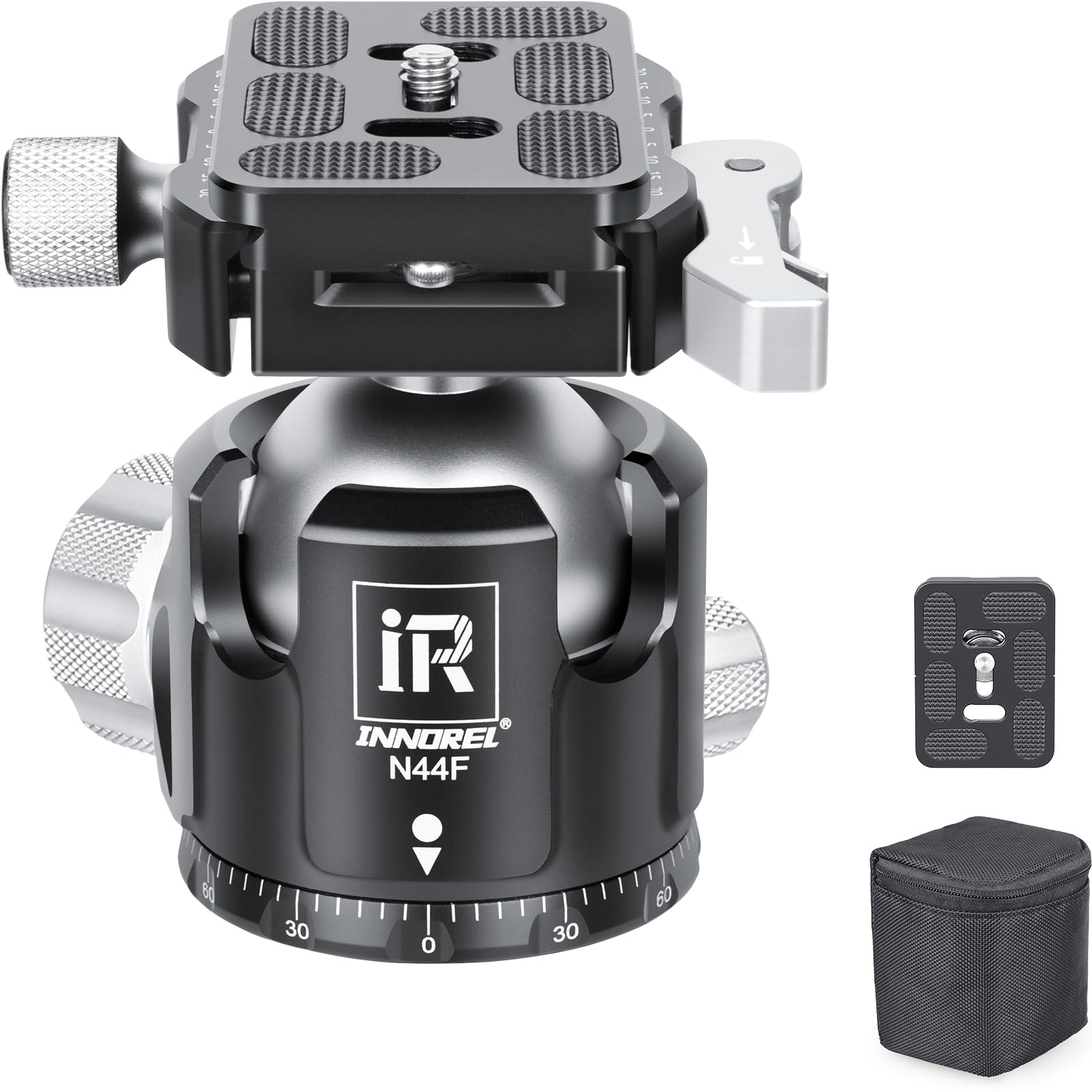 INNOREL N44F - Testa a sfera per treppiedi a basso profilo, chiusura rapida, rilascio rapido della leva, testa a sfera panoramica in metallo CNC, con 2 piastre per treppiede, monopiede, videocamera