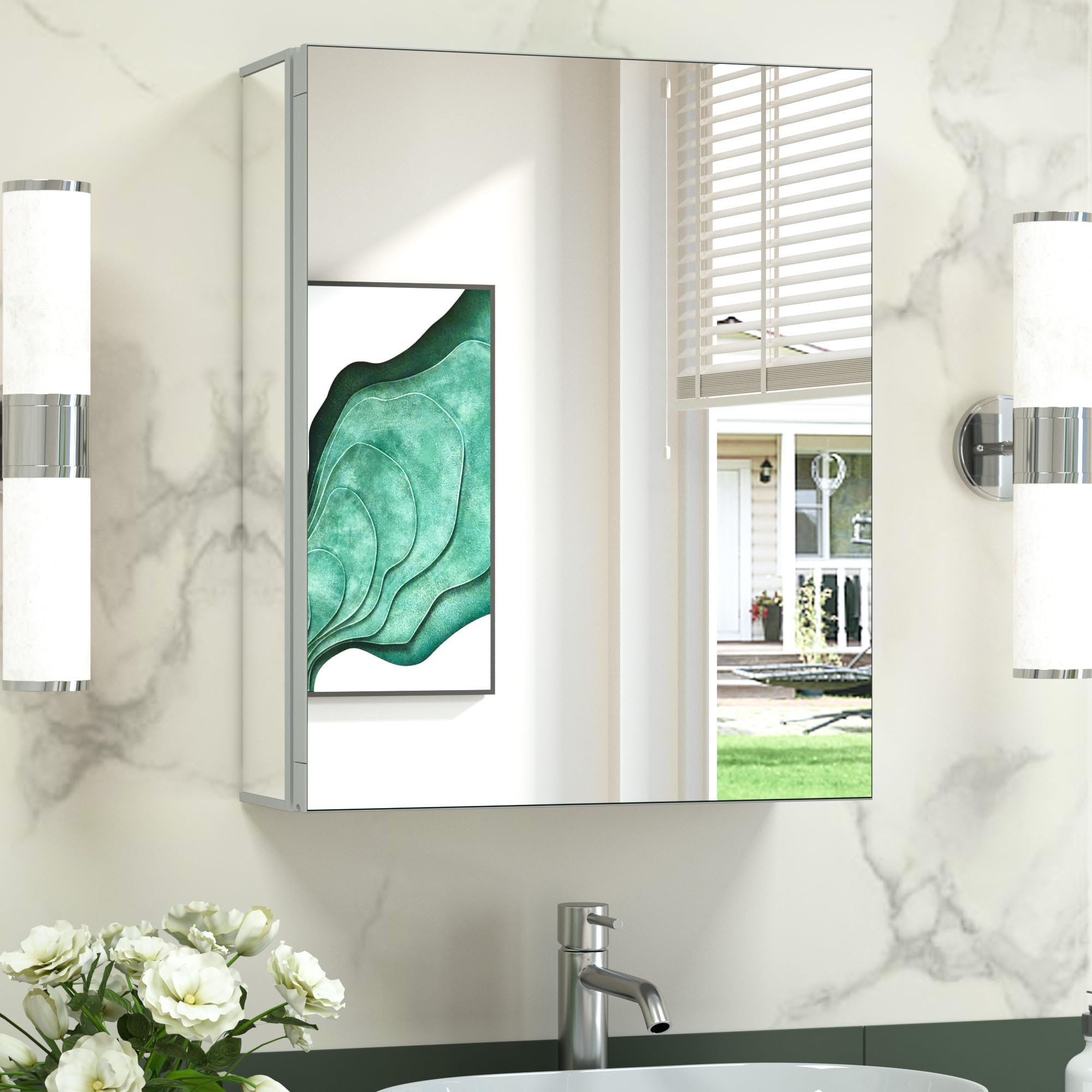 TokeShimi 16x20 Frameless Bathroom Medicine Cabinet with Mirror,Aluminum Bathroom Mirror Cabinet with Full-Overlay Mirrors,Removable Tempered Shelf