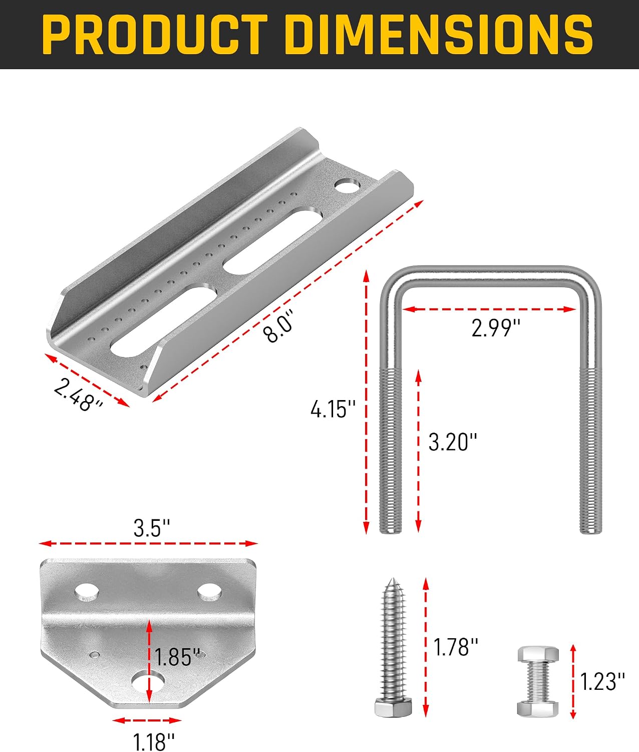 Wyckoff 8“ Boat Trailer Bunk Brackets 4-Pack,Heavy Duty Galvanized Steel with Swivel Top & Extended U-Bolts,Fits 1.5” x 3“, 2” x 3“, 3” x 3" Boat Trailer Crossmembers,Corrison-Resitant-Silver
