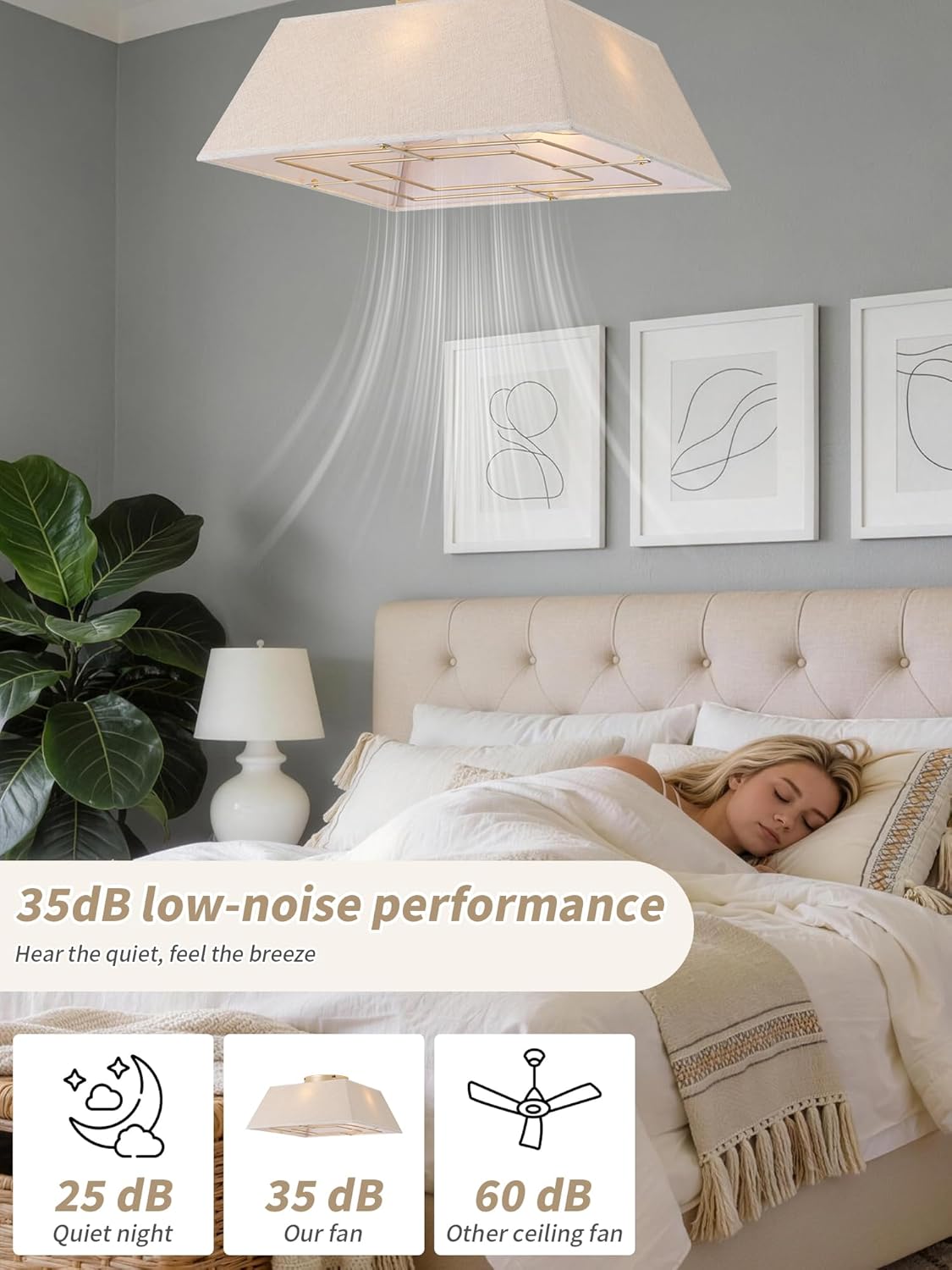 18" Square Flush Mount Ceiling Fans with Lights, Caged Boho Ceiling Fan with Light Remote Control, Low Profile 6 Speeds for Bedroom, Living Room, Kitchen (Yellow)