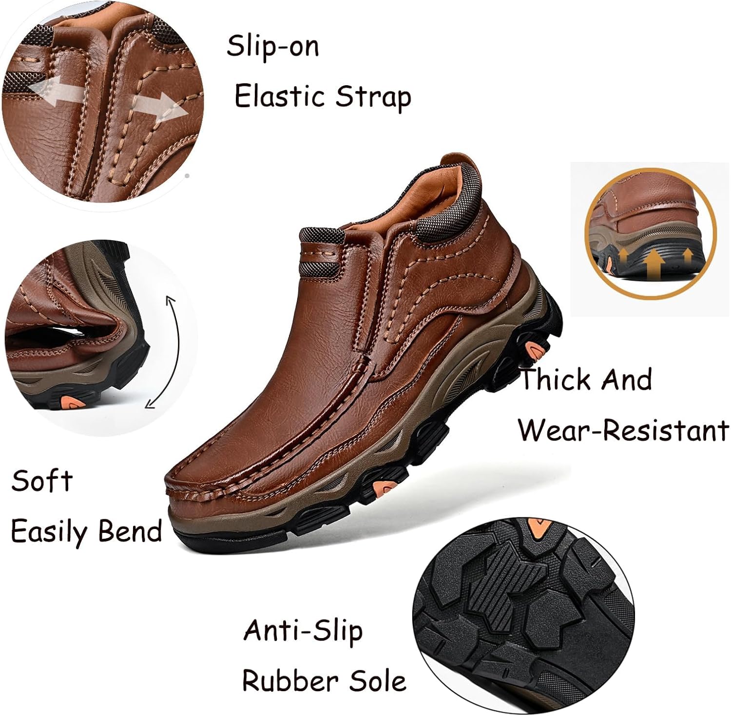 Tokouk Mens Breathable Hand Stitching Leather Slip On Ankle Boots, Classic Outdoor Moccasin Chukka Boots Non-Slip Casual Hiking Boots - Image 6