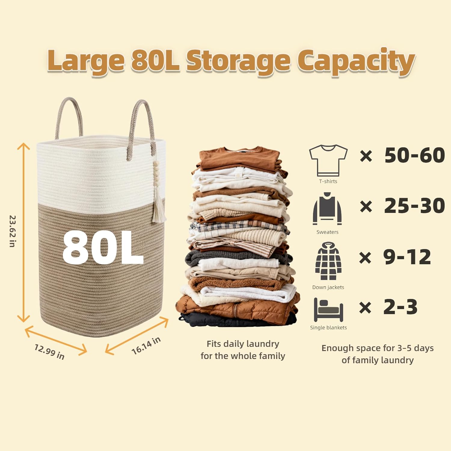 80L Tall Woven Laundry Hamper – Large Foldable Storage Basket with Handles for Clothes, Blankets, Toys, Bathroom, Living Room, Nursery Decor