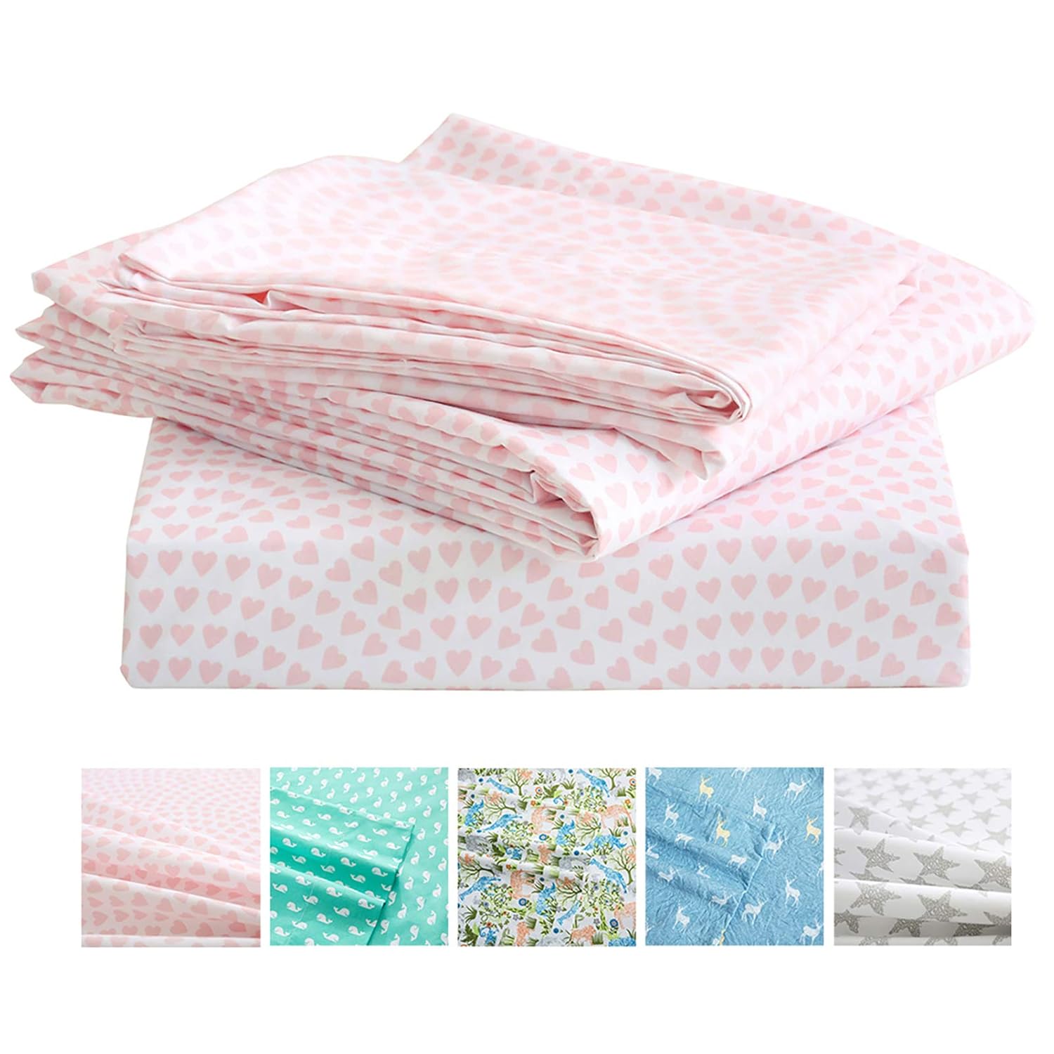 Vonty Kids Bed Sheets Full Pink Heart Printed Sheets for Girls Soft Lightweight Microfiber Easy Wash Bedding Set
