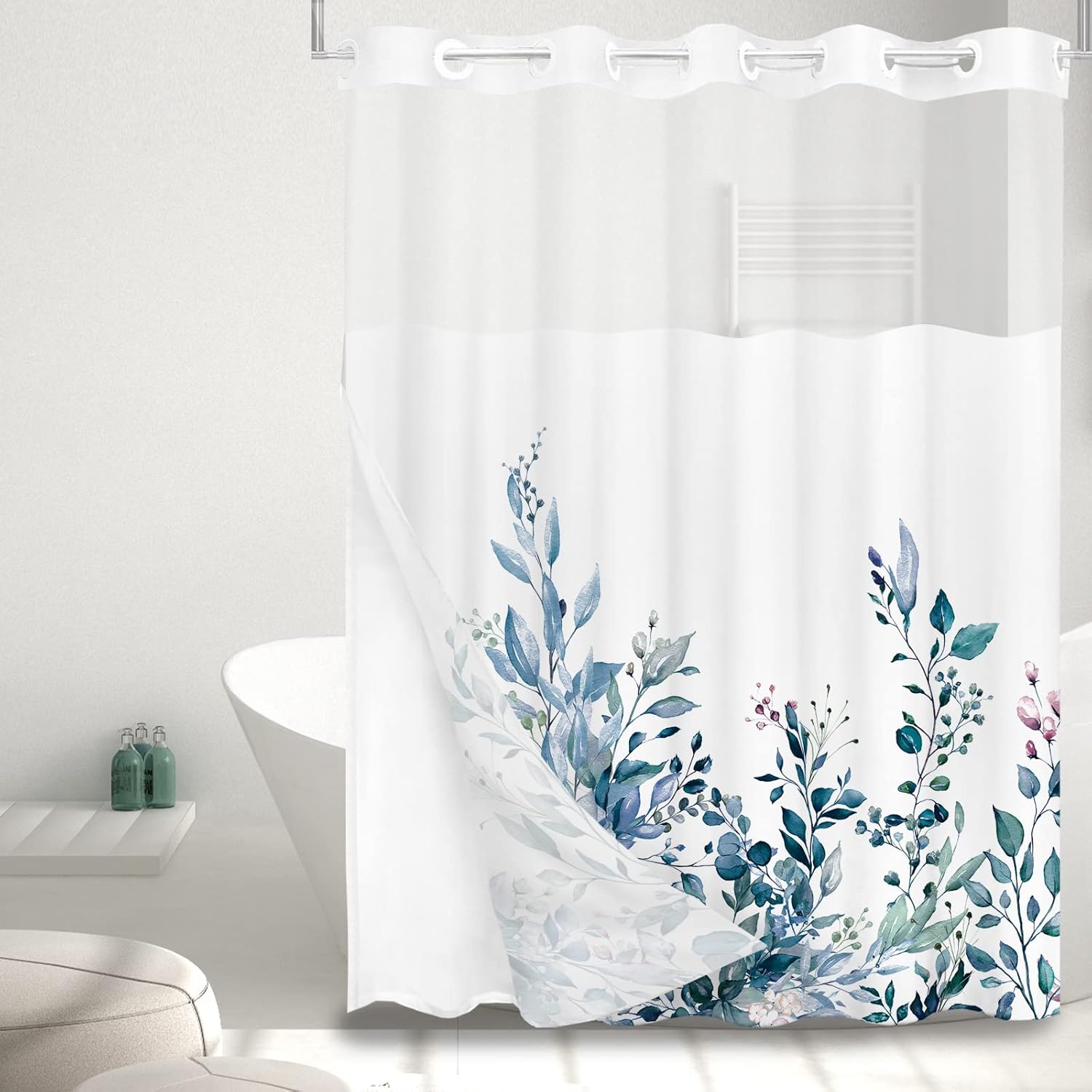 Tititex No Hooks Snap in Liner Blue Eucalyptus Leaves Shower Curtain Sets, Hotel Luxury Double Layers Waterproof Fabric & See-Through Top Window Bathroom Decorative 72x72 Inch