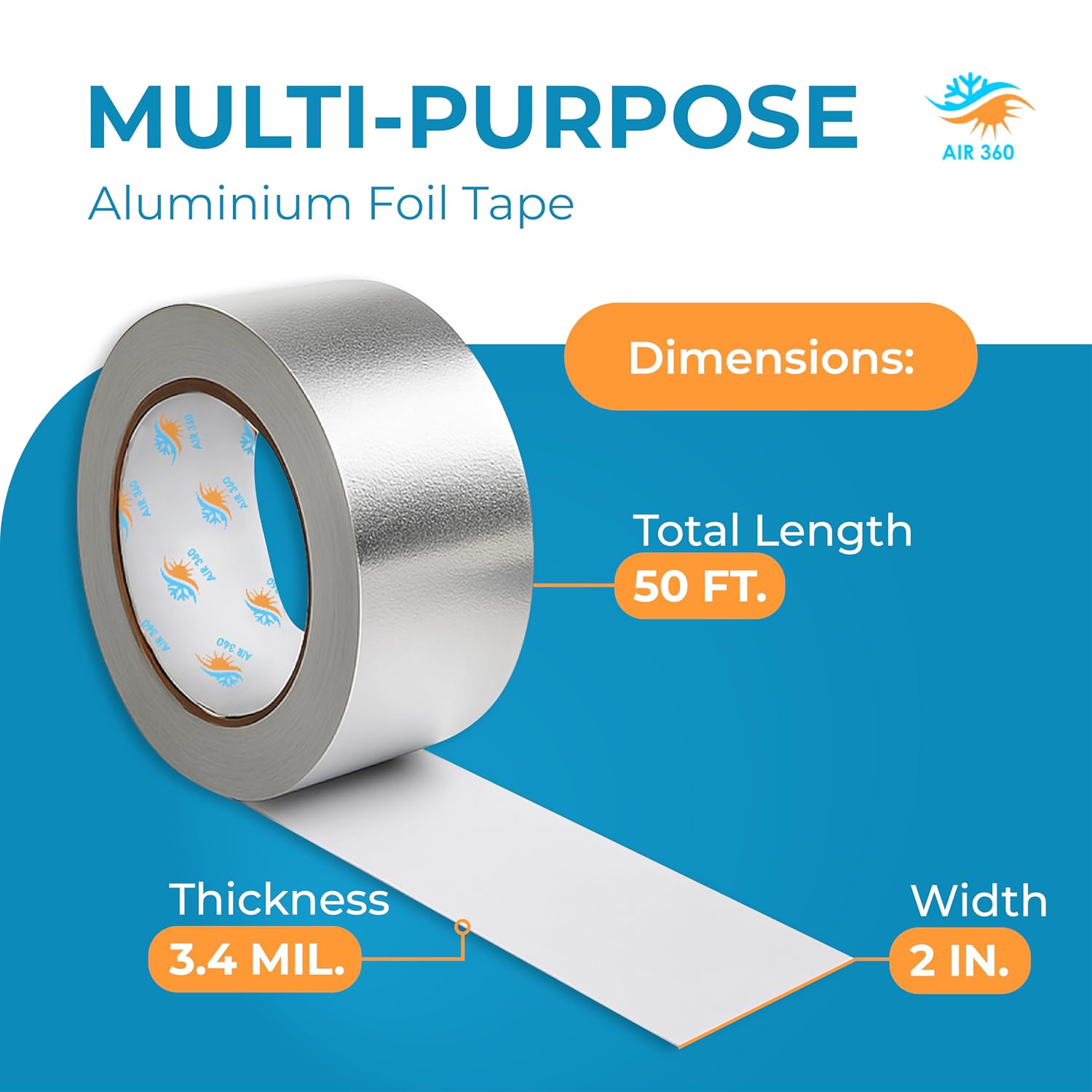 Air 360 Aluminum Foil Tape 2 Inch x 50 FT - HVAC Foil Tape for Ductwork, Dryer Vent, AC & Pipe Insulation - Heavy Duty High Temp Heat Resistant Metal Duct Tape, Waterproof Aluminum HVAC Tape