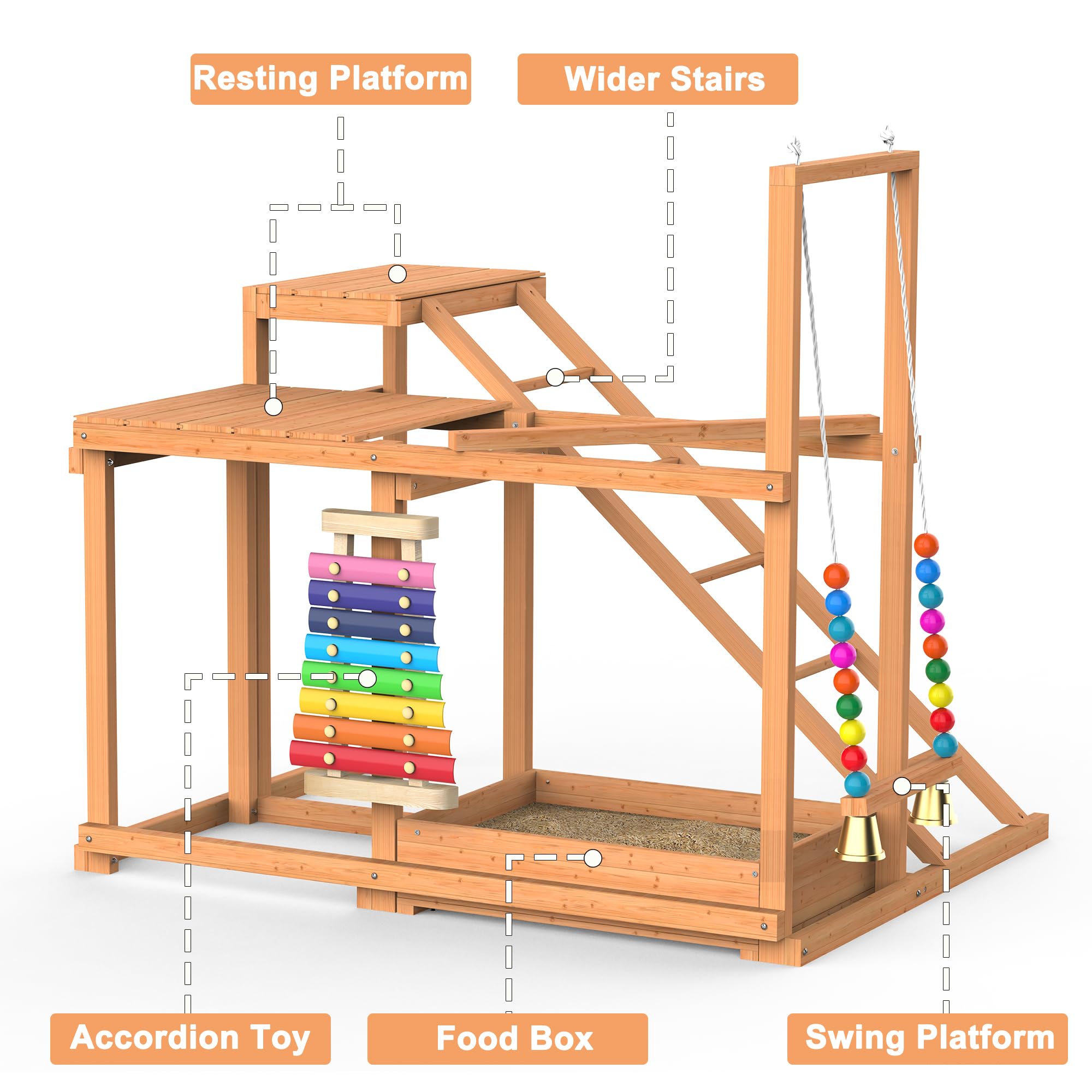 Juego de actividades de pollo, múltiples perchas de pollo con juguete de columpio, accesorio de gallinero de madera con escalera y plataformas y almacenamiento de alimentos, juguete para pájaros al
