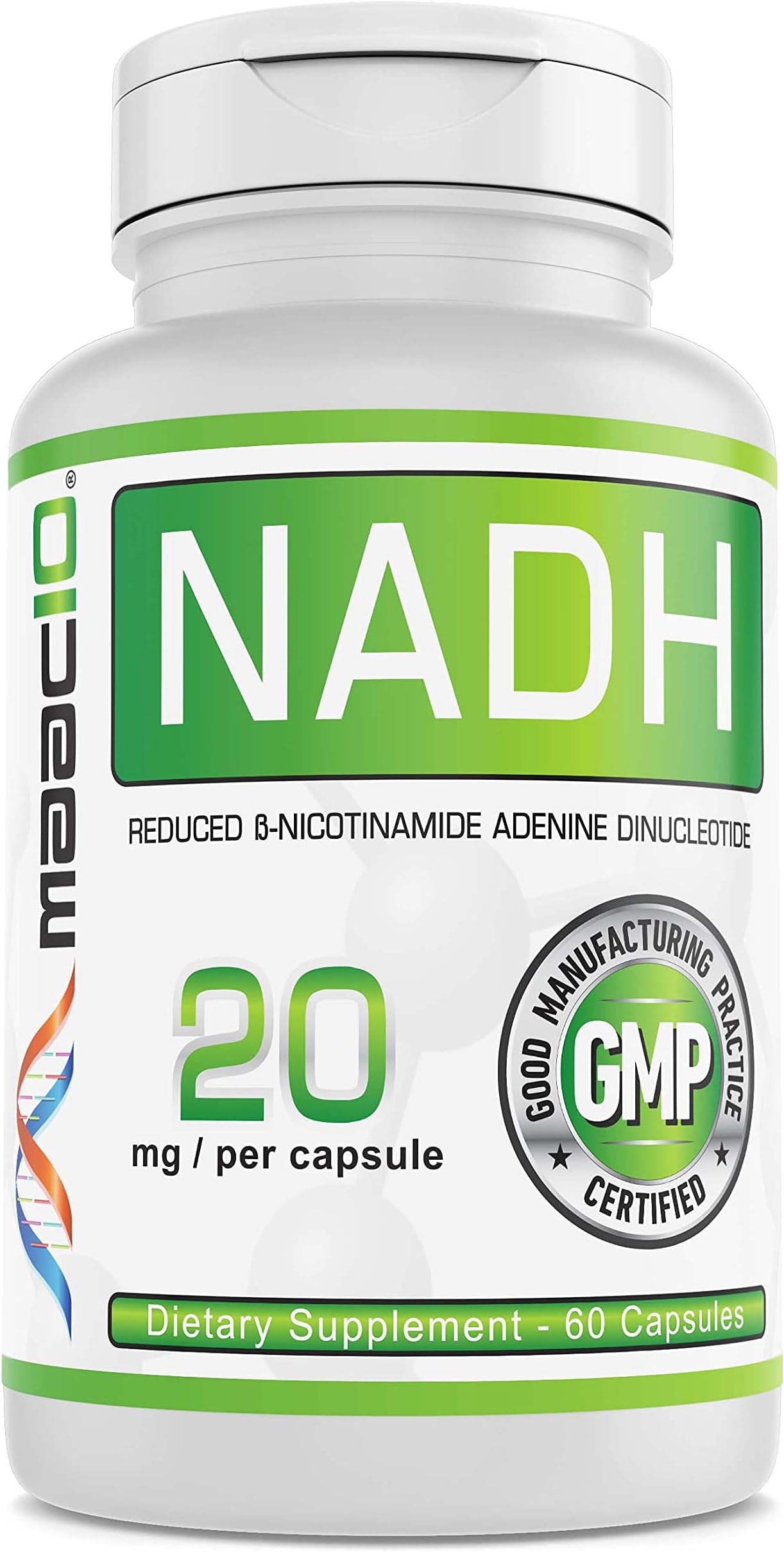 NADH Supplement 20mg Each 60 Capsules for Energy, Fatigue, Mental Focus & NAD+ Longevity Support | Pharmaceutical Grade 99% Pure NADH