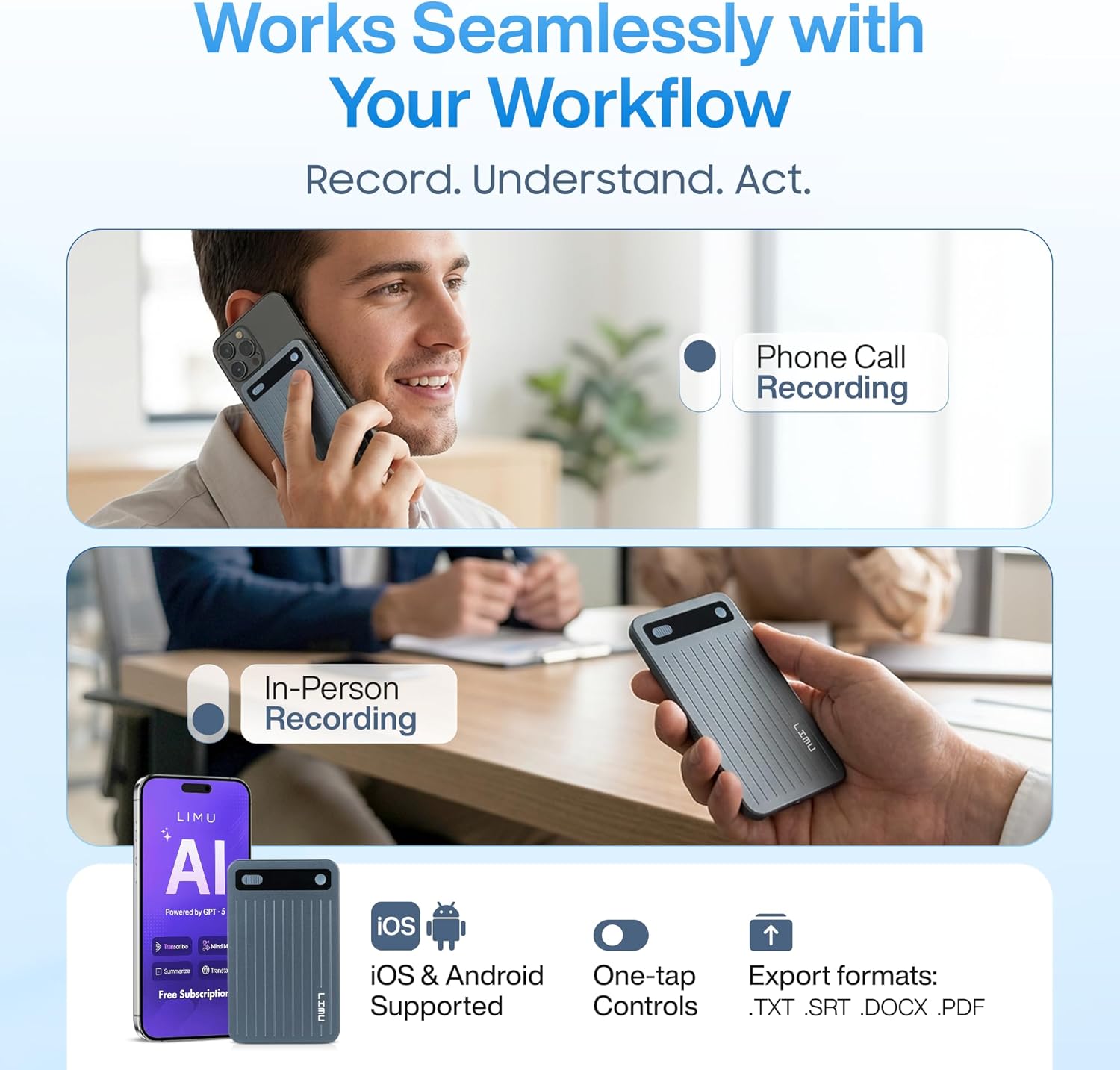 LIMU AI Voice Recorder, German Design AI Note Taking Device with GPT-5.5, Wireless Charging Audio Recorder, Transcribe, Summarize, MindMap, 125 Language, AI Assistant for Meetings, Calls, Lectures