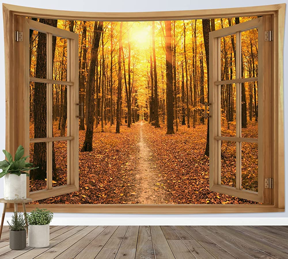 Amazon.co.jp: 自然の風景 タペストリー 秋の森 木漏れ日 金色の