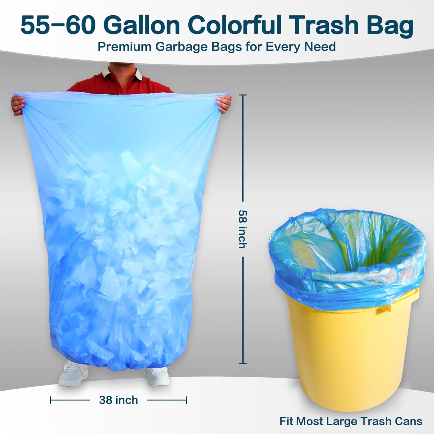 YoYoRain-(55-60) Gallon Colorful Trash Bag Large Garbage Bag-22Mic 38" x 58",Perfect for Industrial,Lawn,Yard Waste and Kitchen(100Bags).