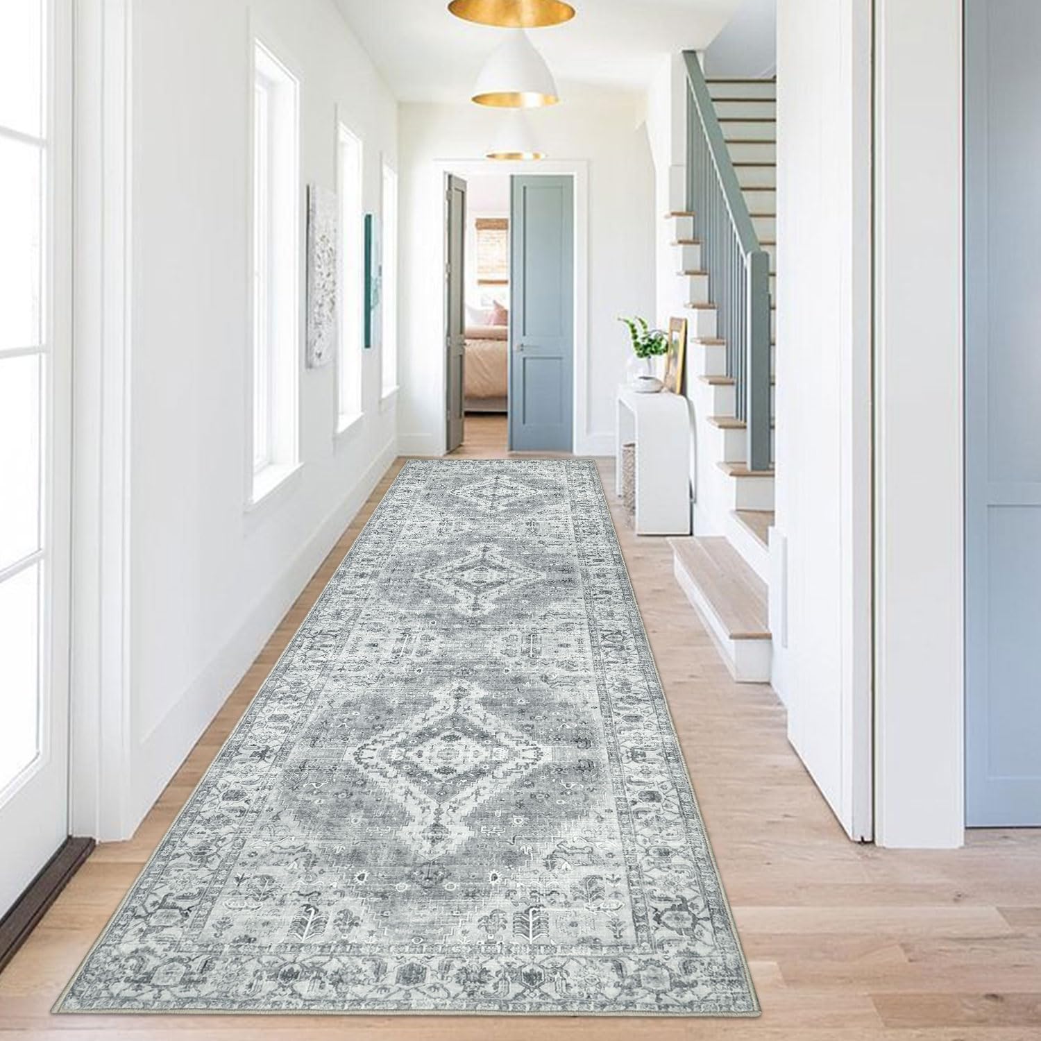 Alfombra Pasillo Antideslizante 80x250cm Vintage Alfombra Cocina Lavable Gris Alfombra Larga de Pasillo Cocina Lavadero Entrada Habitacion
