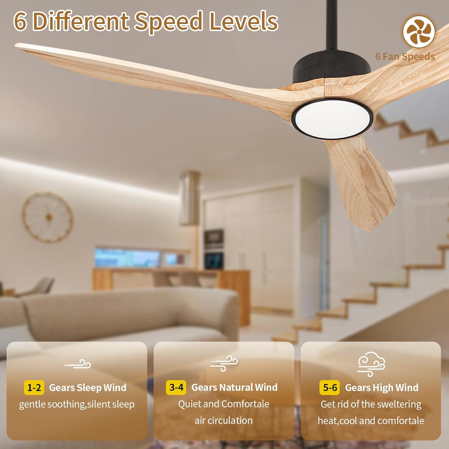 Wood Ceiling Fan with Lights,52Inch Ceiling Fans with Remote Control,Dimmable Light,3 CCT,6 Speeds,Noiseless DC Motor,2 downrod,Ceiling Fan for Bedroom,Living Room,Indoor