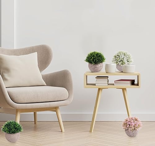 Miniatura 8 de Lemonfilter Plantas artificiales en maceta, 4 piezas de mini flores falsas y hierba en maceta redonda, pequeña vegetación de plástico sintético para