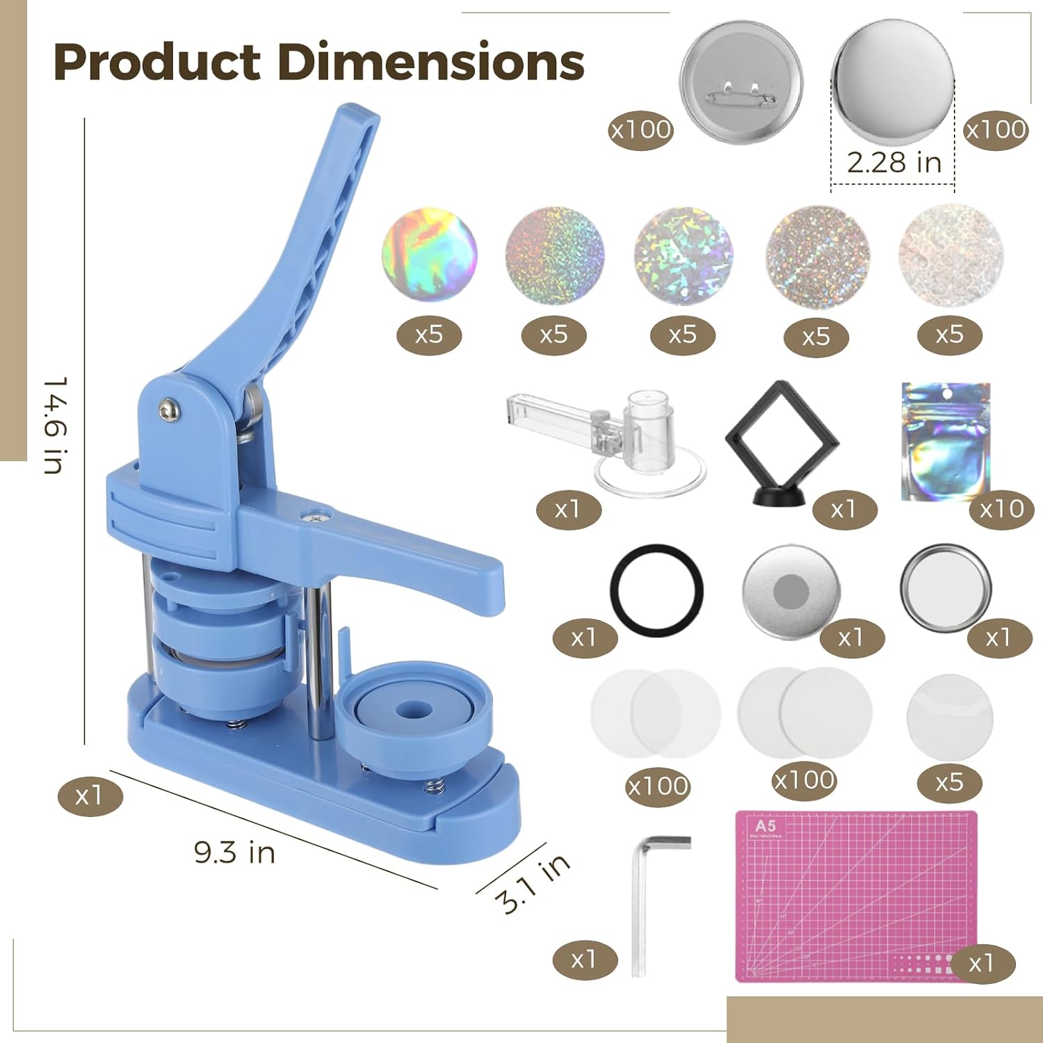 2.28" Button Maker Machine Kit, Manual Badge Press with Metal Body, Pin Back Parts, Holographic Films, Circle Cutter, Floating Rack, Cutting Pad, and More for DIY