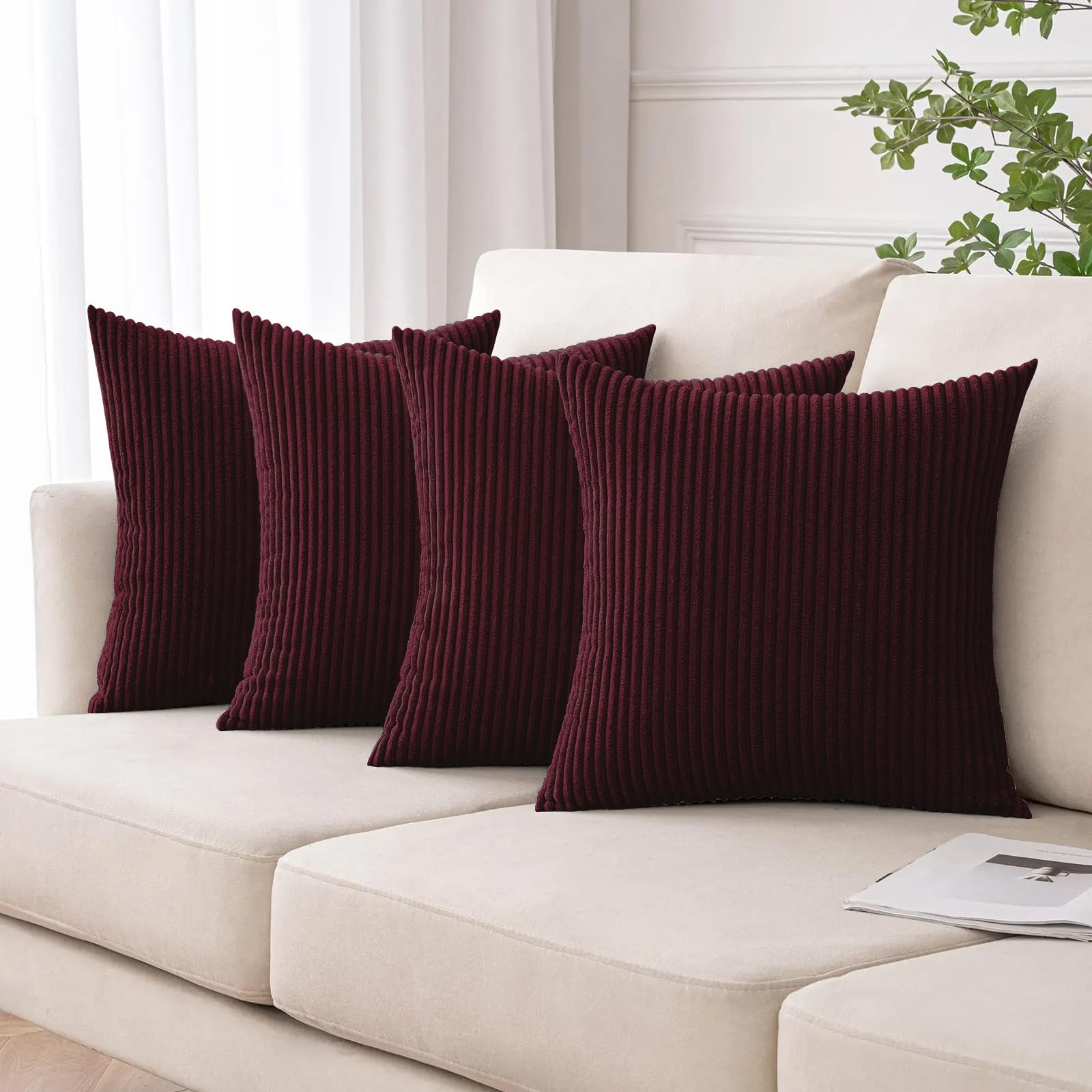 Moonlight Bedding Corduroy Cushions with Covers included Red Pack of 4 (4 covers, 4 inserts) 45 x 45 cm Decorative Stripe Throw Pillow Cases with Invisible Zipper for Living Room Bed Sofa