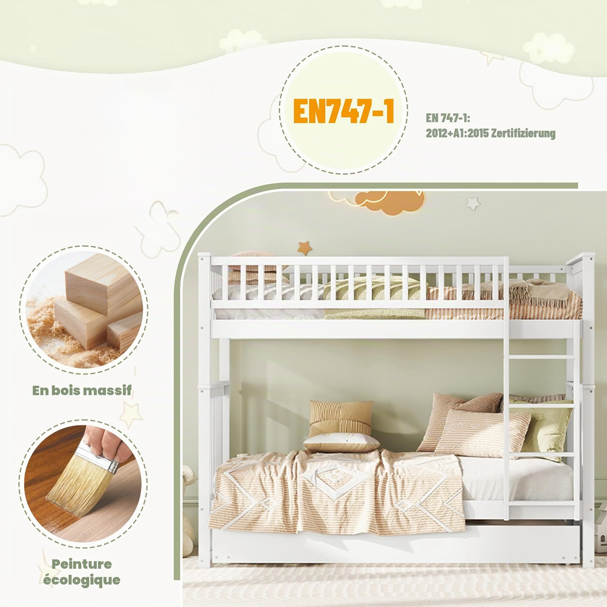 Sapgaks Lit superpose Enfant avec lit gigogne, Se transforme en Deux Lits de 90x200cm,Lit Enfant 90x200cm,Lits Convertibles, Blancs
