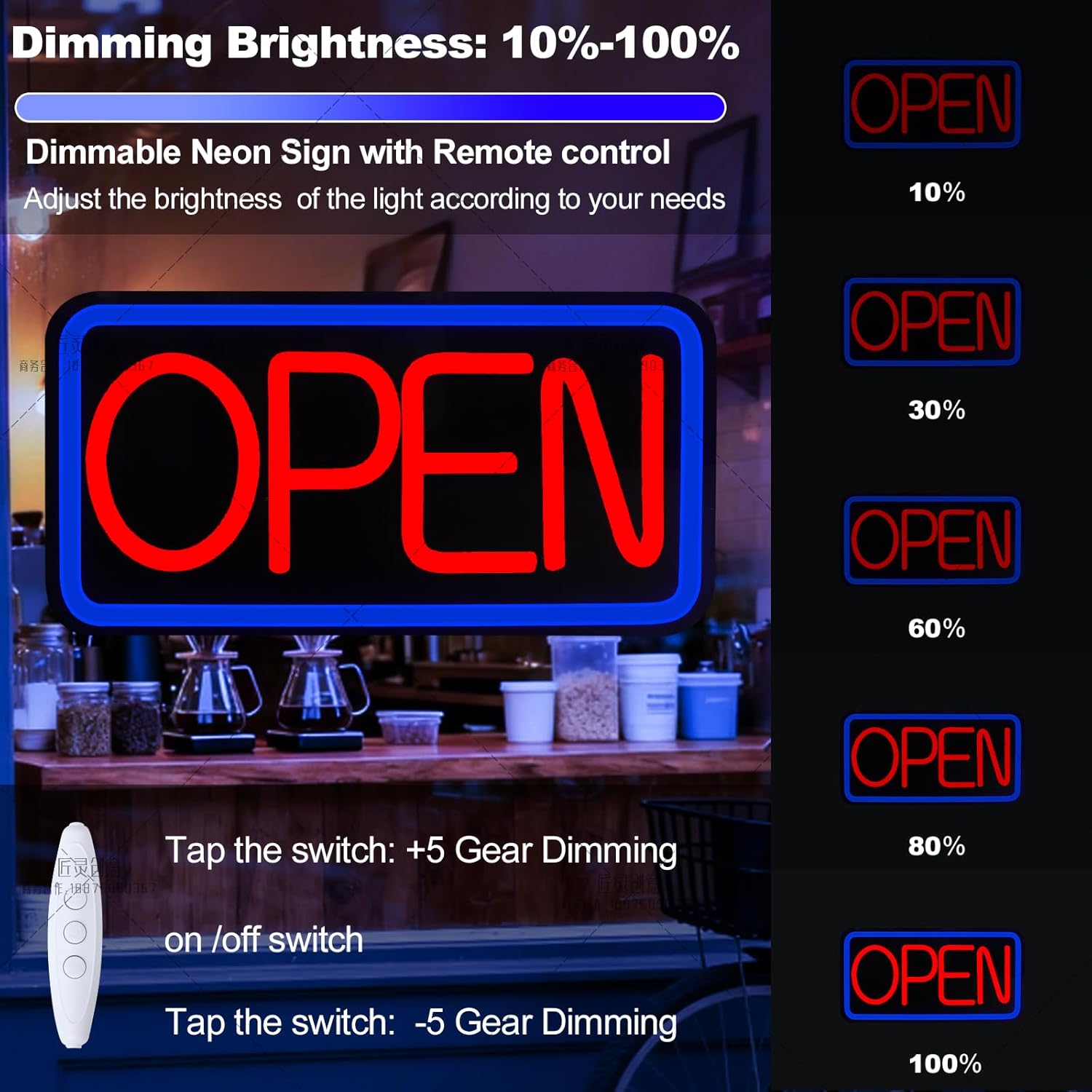 UrsaMajor Open Signs for business, 16.6" x 8.74" Ultra Bright LED Open Sign, 5 Adjustable Brightness Levels, Get Your Business Seen Day or Night, Light for Bar Coffee Salon Store Window (Blue/Red) - Image 5