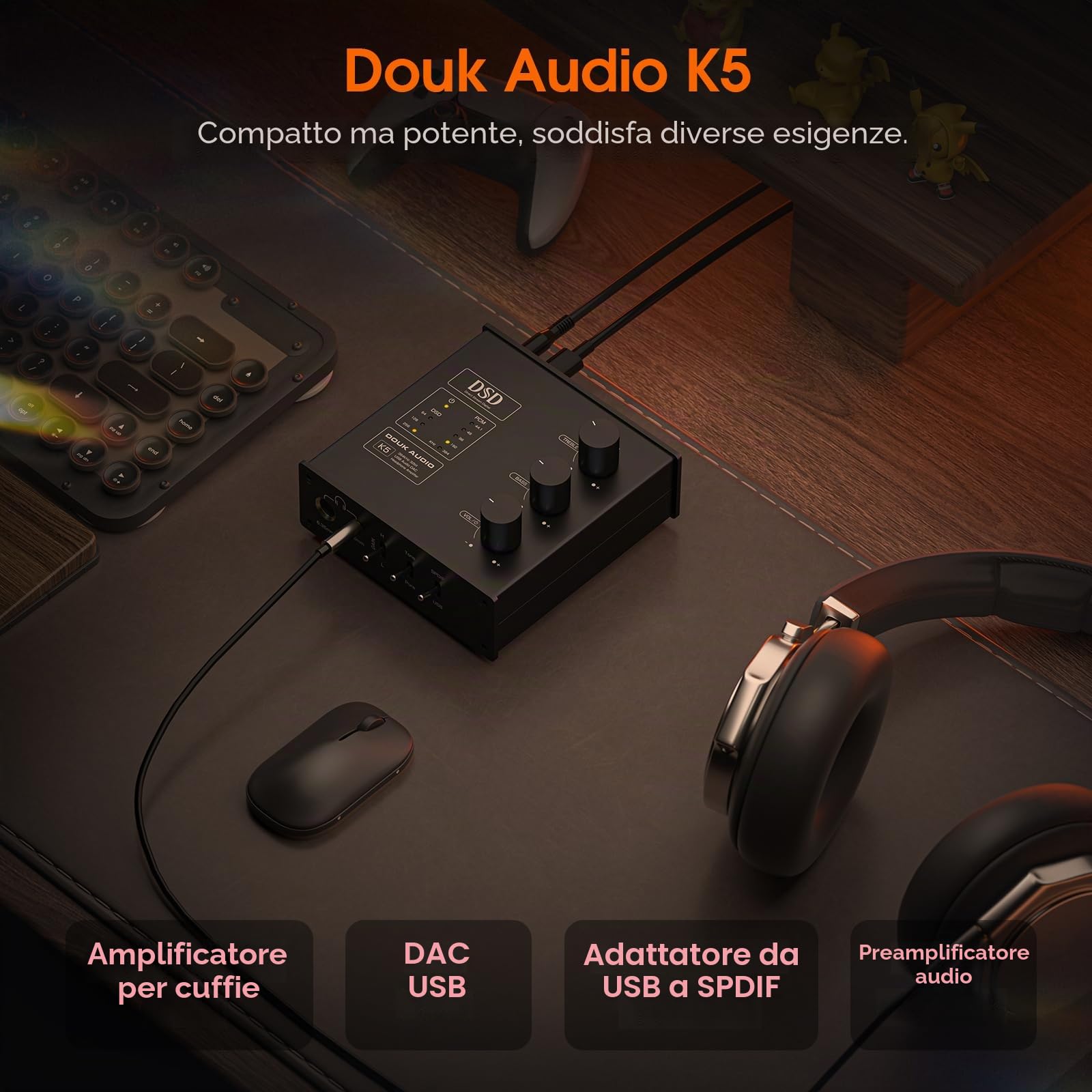 Douk Audio K5 PC DAC - Amplificatore per cuffie con USB e ingresso ottico DSD256 per amplificatore, altoparlante, Mac, computer