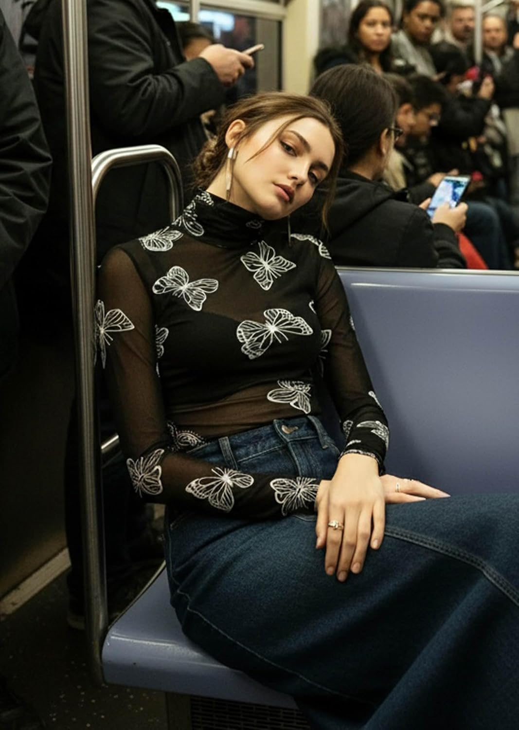 METWAY Black Sheer Top Women Mesh Long Sleeve Tops Lace Turtleneck See Through Undershirt Sexy Blouse Going Out T Shirt - Image 7