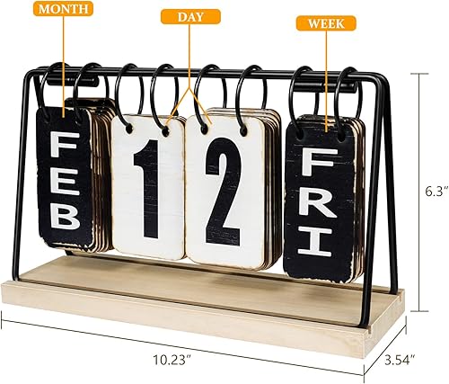 Miniatura 5 de Calendario de escritorio de madera, calendario perpetuo con pantalla grande, calendario diario de escritorio rústico, accesorios de escritorio para