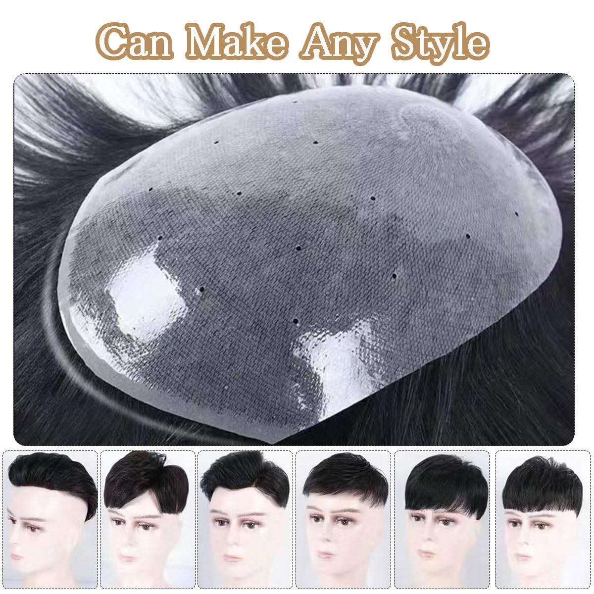 Toupee Human Hair Replacement System for Men, Short Hair Topper, Real Hair Systems, Natural Black, 85% Light Density, 13*18cm/5*7"", Black