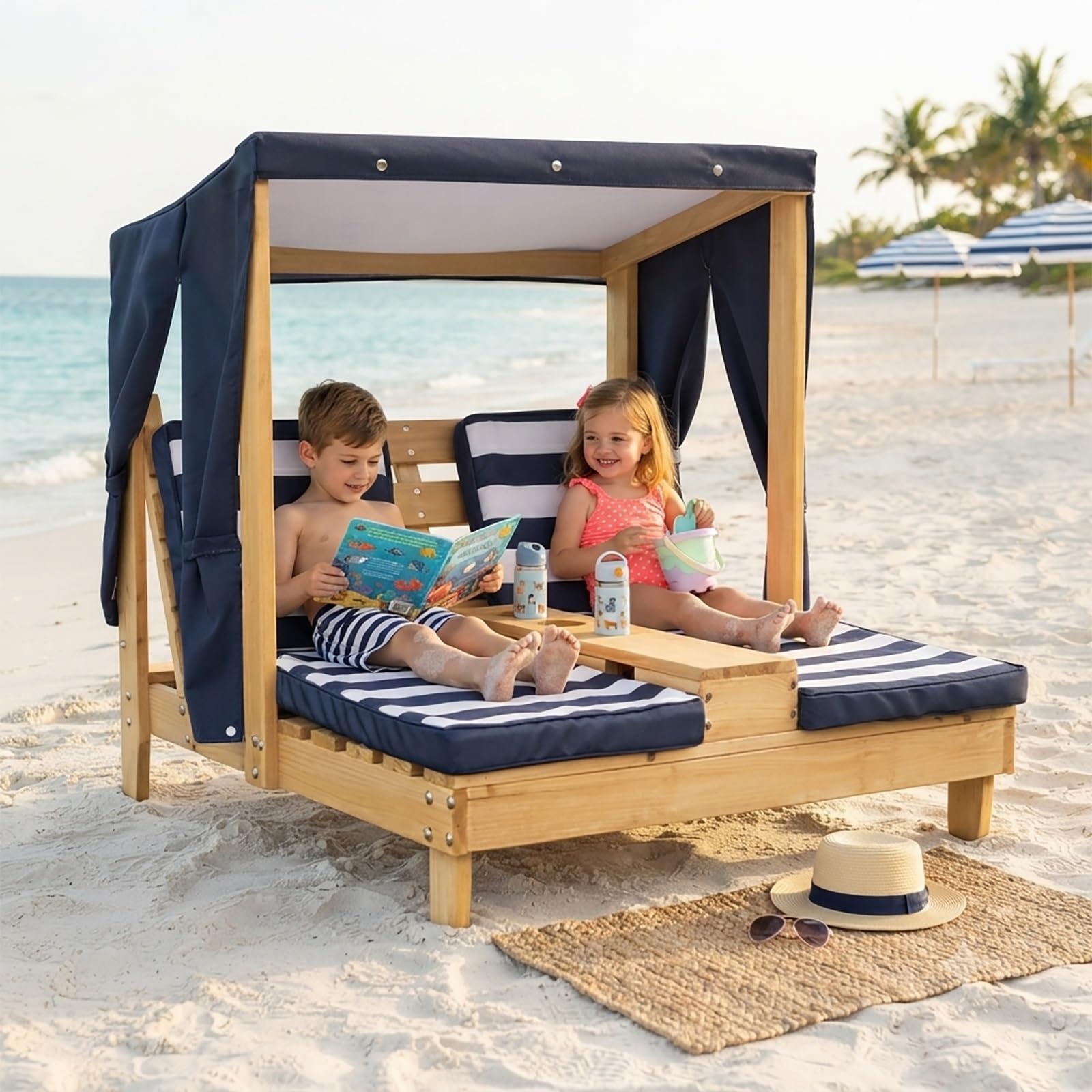 Sdraio Doppia per Bambini con Cuscino & Parasole Integrato | Lettino Da Giardino Per Bambini in Legno, Sdraio per Spiaggia & Balcone & Bordo Piscina(Blue)
