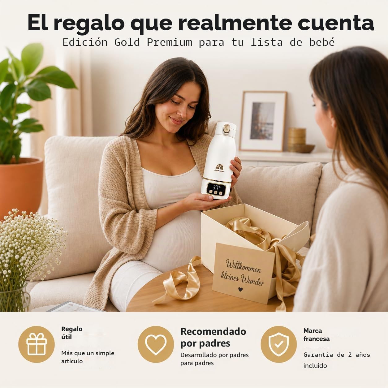 Calentador de Biberones Portátil Sin Cable 500ml, Agua y Leche Materna, Viaje/Coche/Noche, Cepillo Incluido, Diseño Dorado Premium Auto-Pasteurización