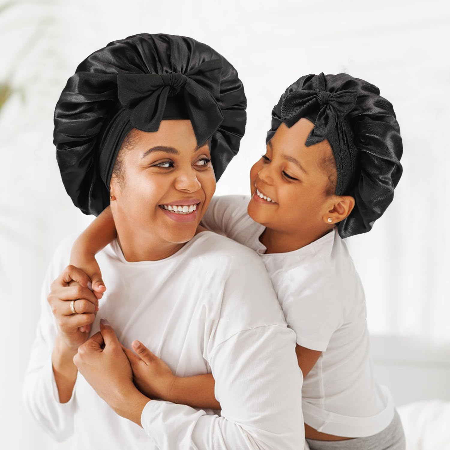 2 Pcs Mommy and Me Bonnet Set, Satin Bonnets for Sleeping, Black | Silk and Satin Bonnets for Sleeping with Elastic Tie Band, Adjustable Hair Bonnets for Women, Girls, Kids and Toddlers