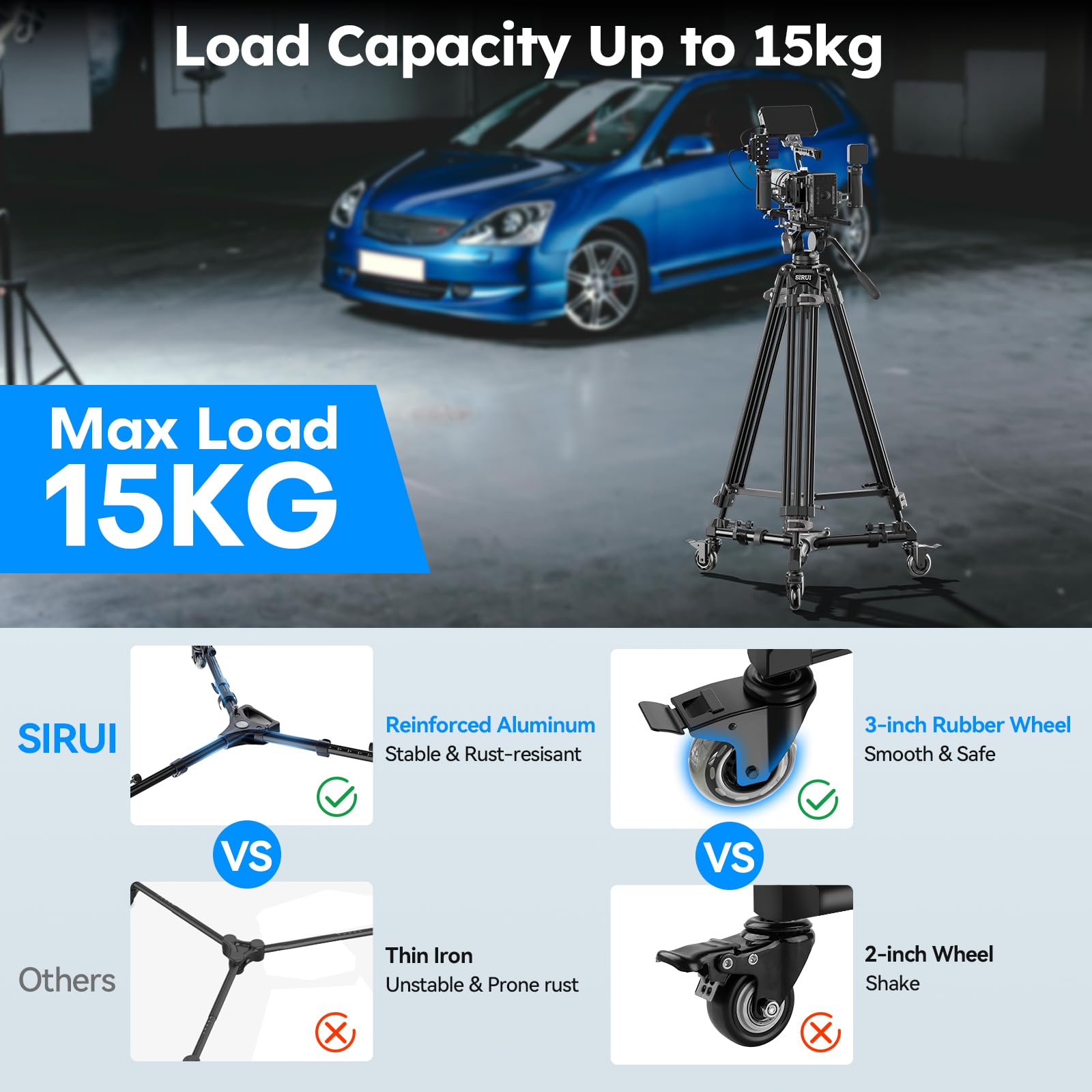 SIRUI Universal Photography Tripod Dolly con Ruote in Gomma da 3", Resistente con Gambe Regolabili e Borsa per il Trasporto, Capacità di Carico di 33 Libber - AM-DF02