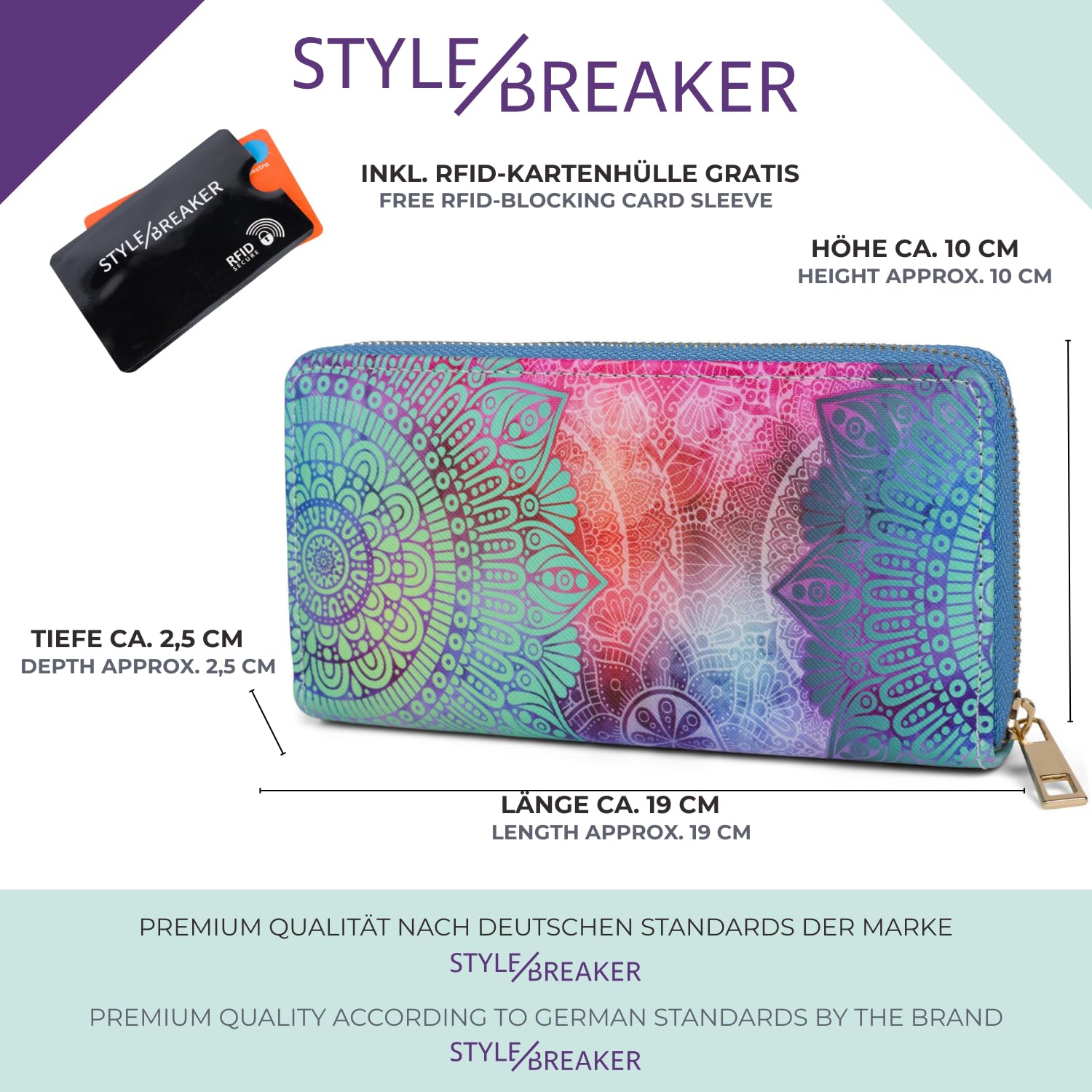 styleBREAKER 02040145 Portfel damski z motywem paisley, mandala z zamkiem błyskawicznym, Zielony/fioletowy/różowy, Einheitsgröße, Nowoczesny