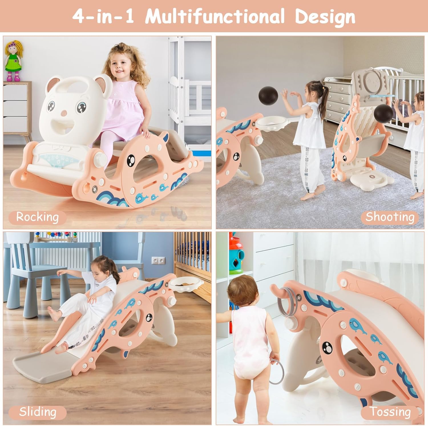 Costzon 4 in 1 Toddler Slide Rocking Toy, Slide for Kids with Basketball Hoop and Ring Game, Rocking Horse, Foldable Climber Playground Slide for Both Indoors Outdoor Use (Pink Ocean), YMHT1003