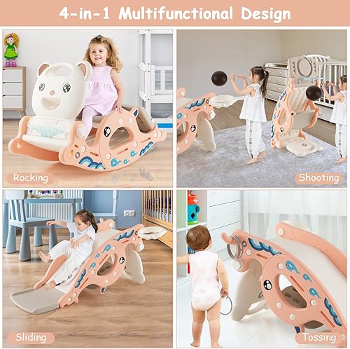 Miniatura 4 de Costzon Juguete mecedor 4 en 1 para niños pequeños, tobogán para niños con aro de baloncesto y juego de anillo, caballo mecedor, tobogán plegable
