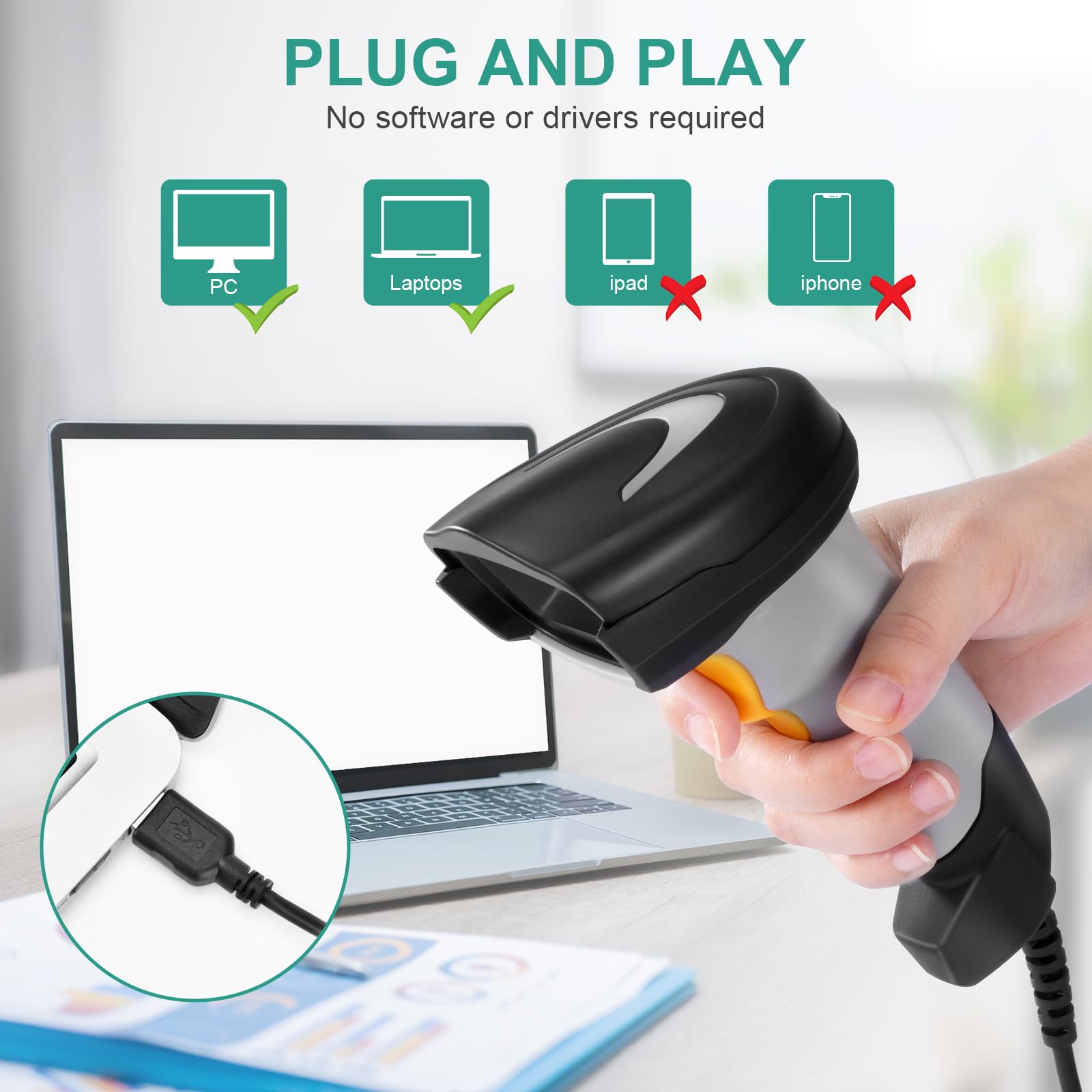 Scanner di codici a barre 2D, scanner di codici a barre portatile USB cablato 1D 2D e PDF417 Data Matrix Lettore di codici a barre automatico Plug and Play Scanner di codici QR