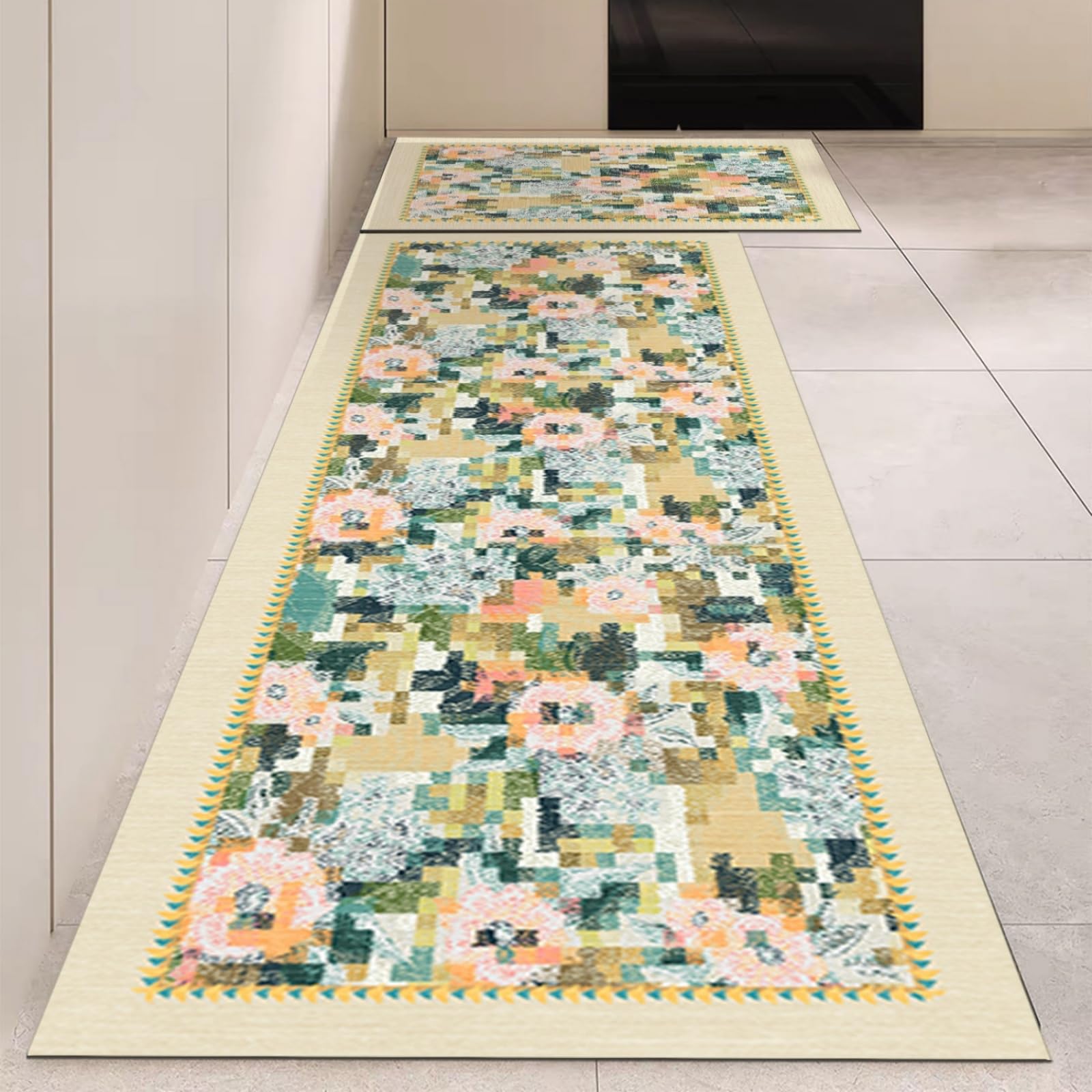 Tappeto Cucina 50X80Cm+50X60Cm Mosaico Verde Moderni Tappetini Da Cucina 2 Pezzi,Antiscivolo Impermeabile Tappeti Da Cucine,Lavabile, Adatto Per Corridoi, Cucine, Bagni