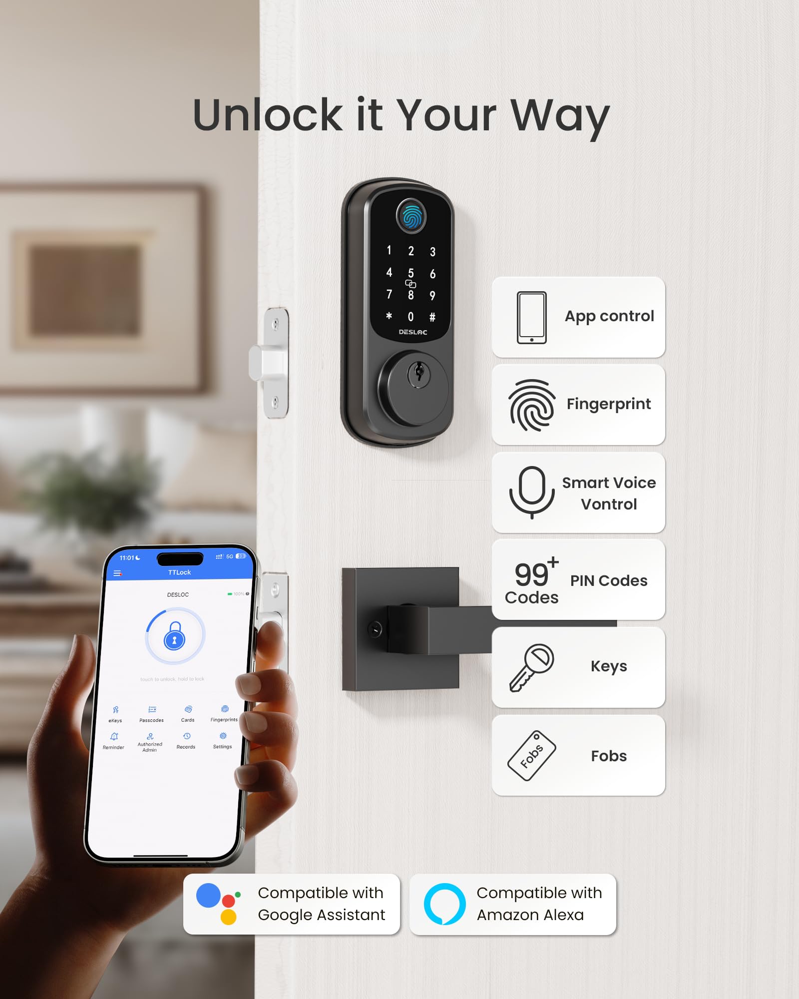 DESLOC B200 Fingerprint Smart Lock with 2 Lever Handles, Keyless Entry Front Door Lock Set, Electronic Keypad Deadbolt, App Control, Auto Lock, Long Battery Life, Secure Home Access