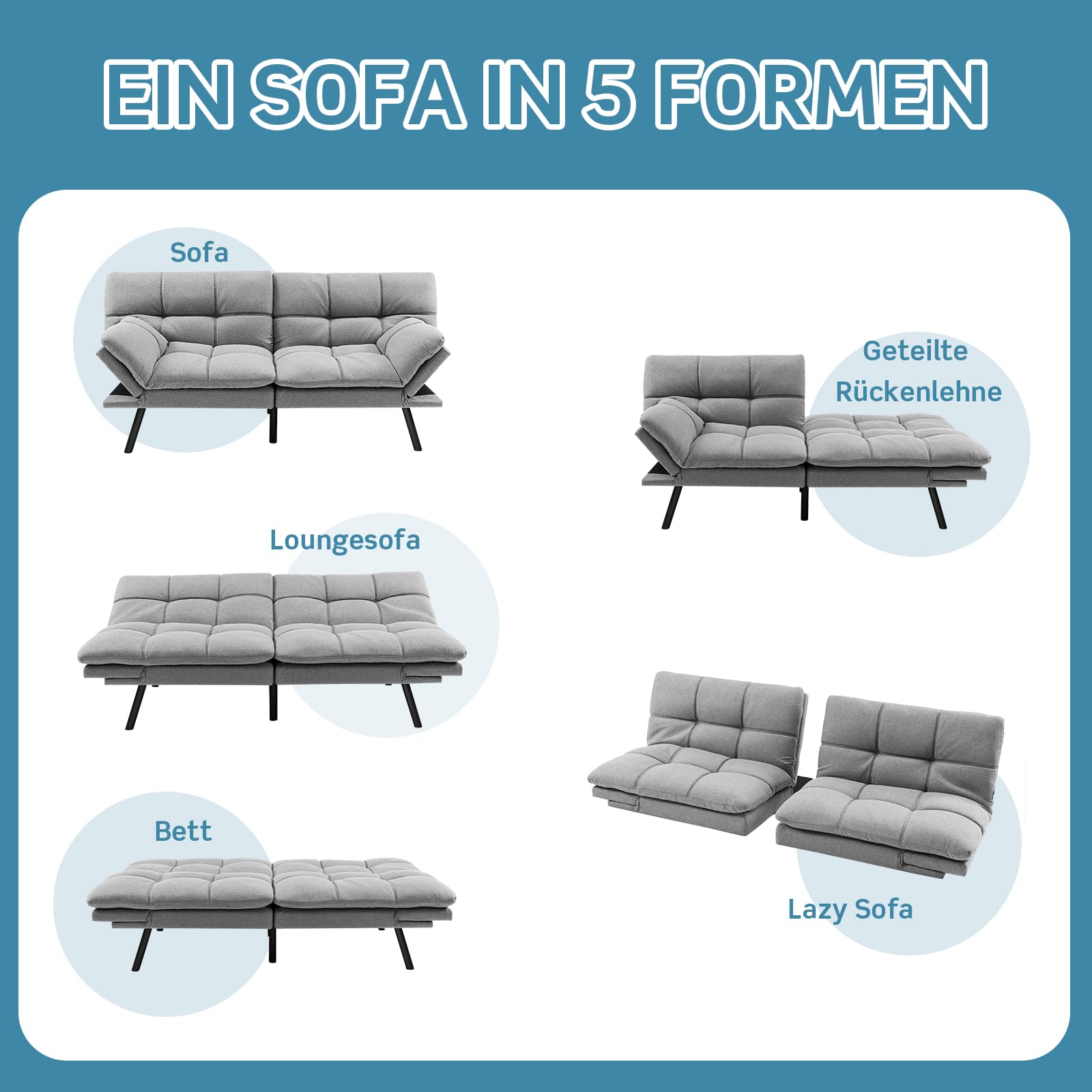 RELAX4LIFE Klappsofa mit Schlaffunktion, Klappbares Schlafsofa, Couch mit Verstellbarer Rückenlehne Armlehnen, Sofabett mit Liegefläche von 182 x 106,5 cm, Sofa für Wohnzimmer Gästezimmer (Grau)