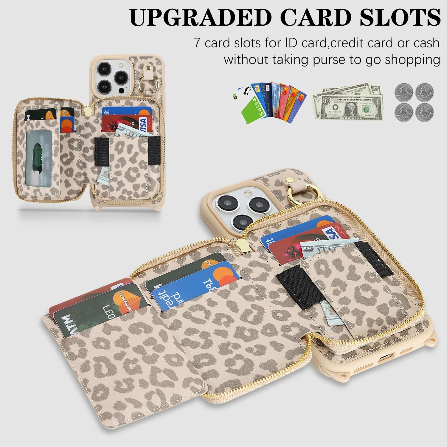 Cavor for iPhone 15 Pro Max Wallet Case with Card Holder for Women Men, for iPhone 15 Pro Max Case with Strap, Crossbody Lanyard Phone Case, Magnetic Detachable Compatible with Magsafe-Beige Leopard
