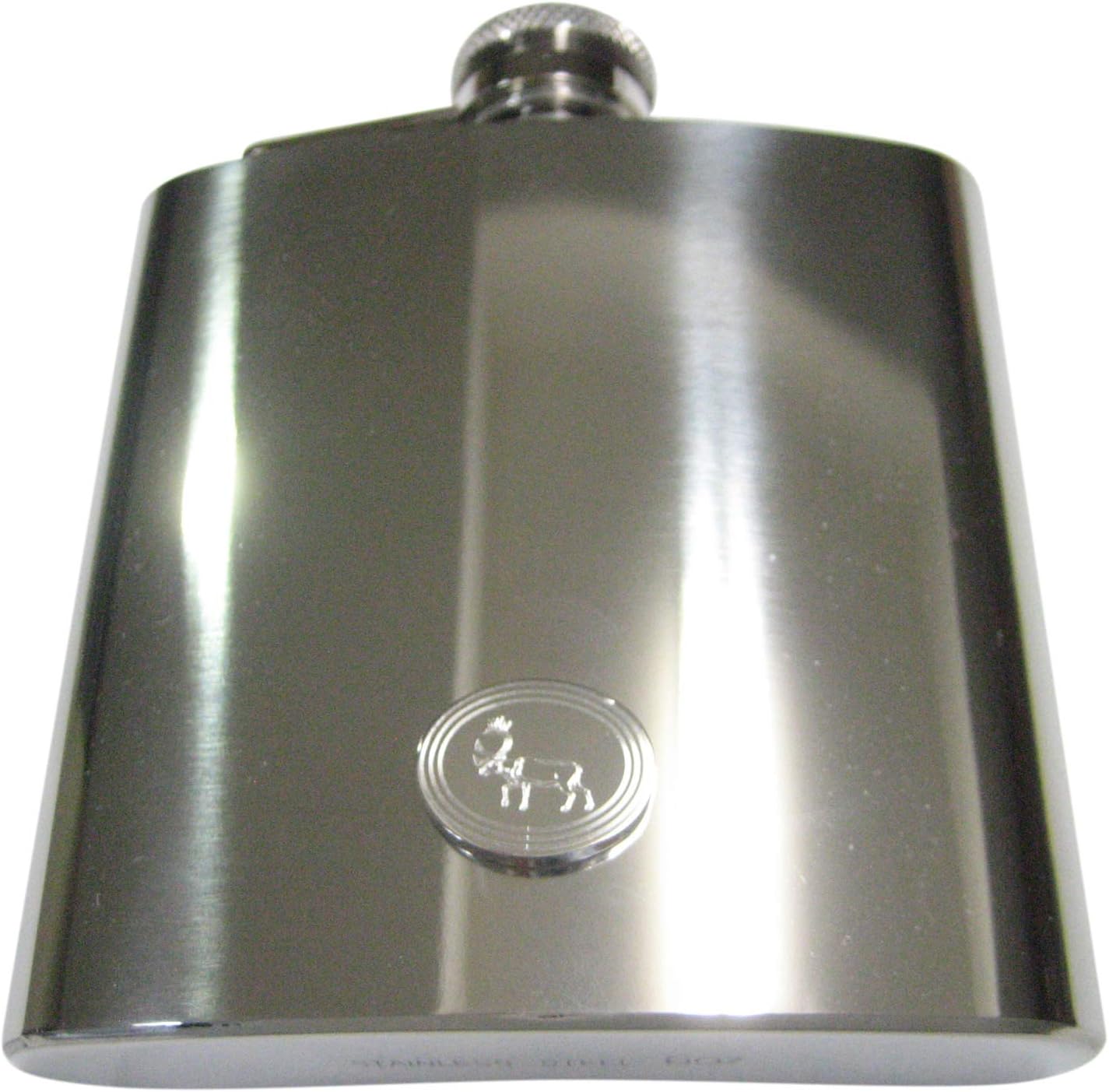 Kiola Designs Silver Toned Etched Oval Left Facing Moose 6 Oz. Stainless Steel Flask