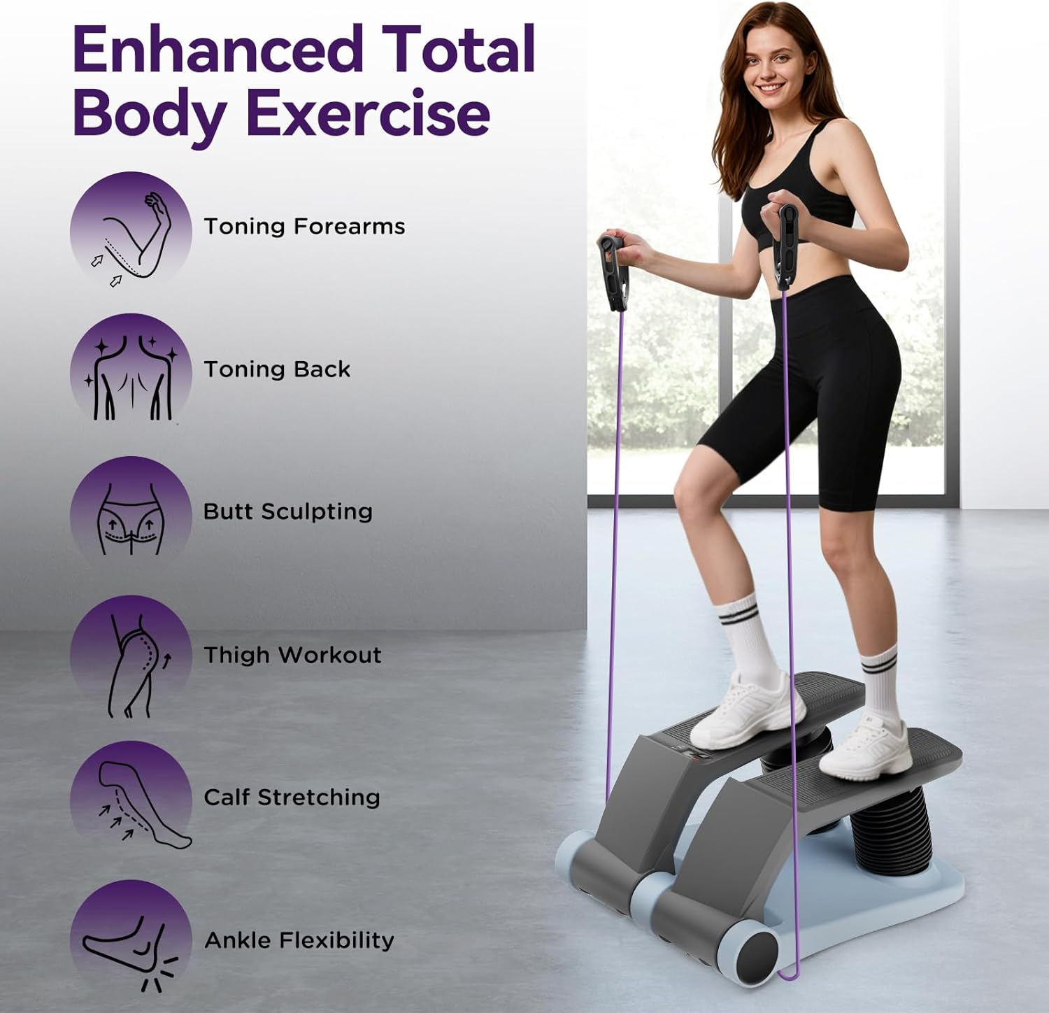 Air Stepper Exercise Machine with Resistance Bands, Stair Stepper with LCD Monitor, Adjustable Resistance Cardio Trainer for Home Workout, Compact Fitness Equipment, 300 lbs Weight Capacity