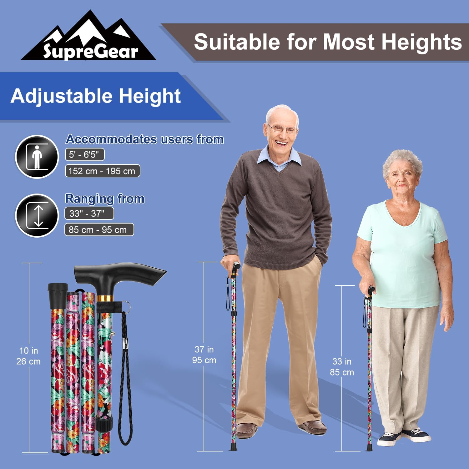 supregear Bastone Pieghevole, Regolabile per Anziani e Adulti, Ausilio per la Mobilità Uomo Donna, Portatile da Viaggio con Cinturino da Polso e Manico a T - 2