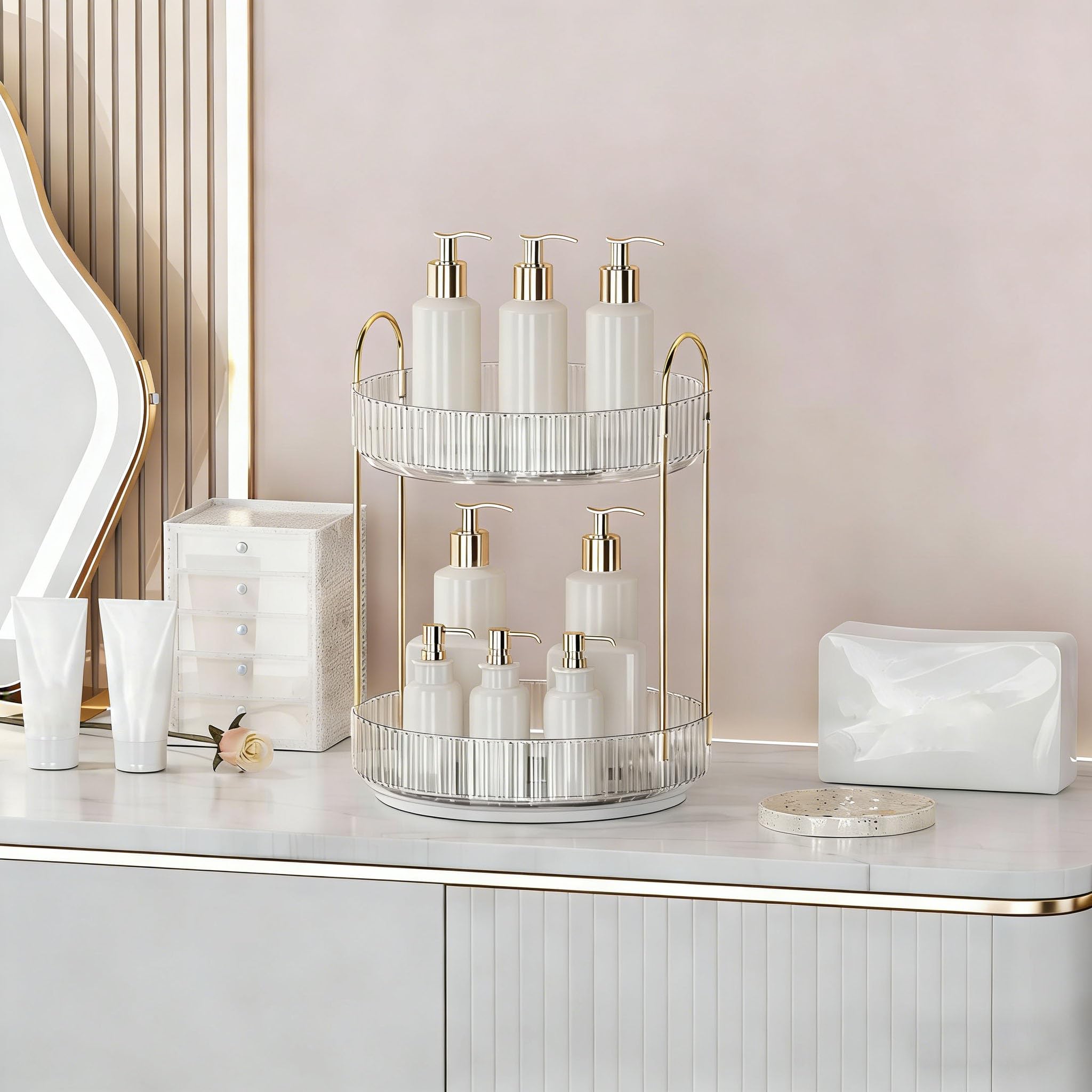 Organizzatore di Trucco Rotante a 360°, Porta Trucchi Organizzatore Grande Capacità,Organizzatore di Profumi,Organizer Trucchi Multifunzione per Toeletta,Camera da Letto,2 Livello Trasparente