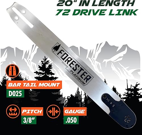 Miniatura 3 de FORESTER Barra guía de motosierra de repuesto de platino de 20 pulgadas - 20 pulgadas de longitud, paso de 38 pulgadas, calibre .050, montaje D025,