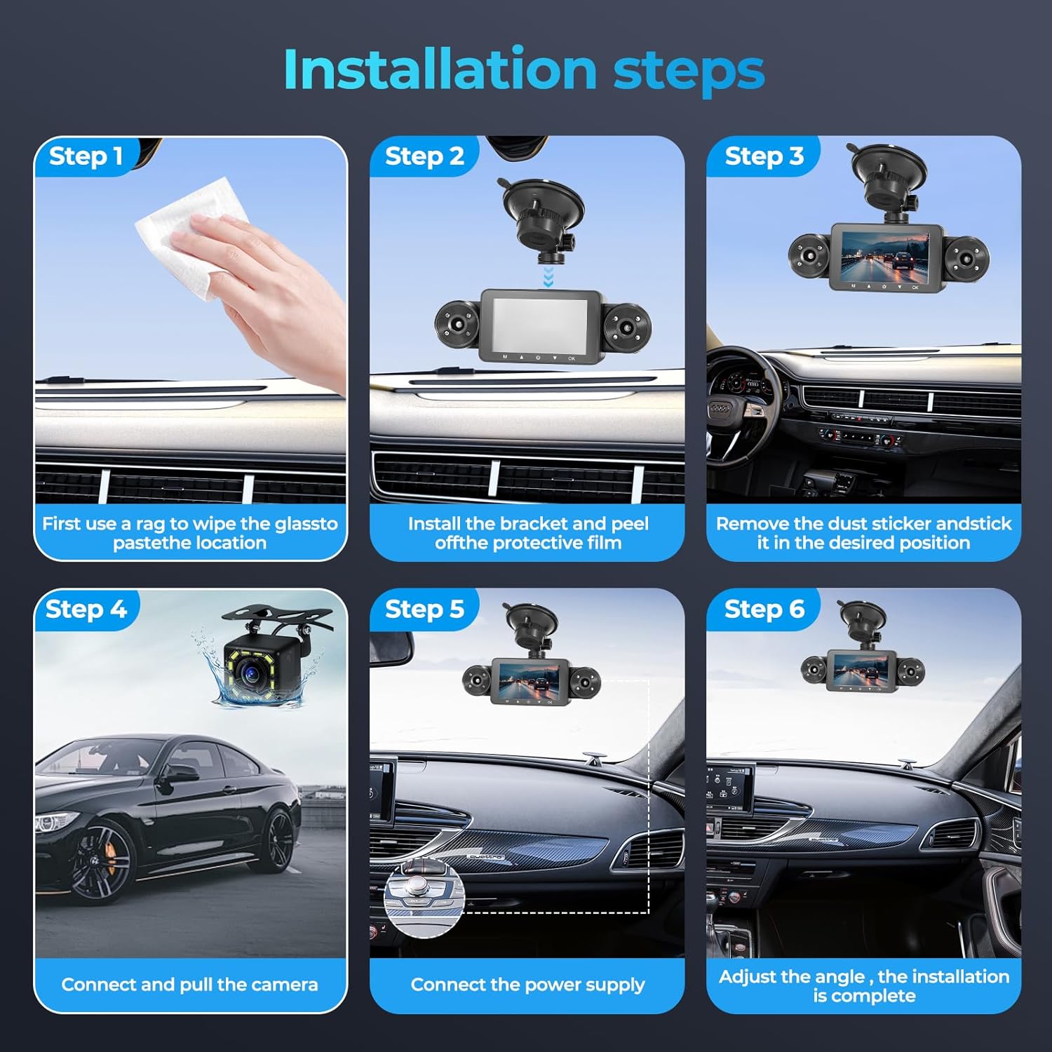4 Channel Dash Cam 360° View, Include Front & Rear Left Right Camera Support 4 Way Recording, 32GB Card, 3” IPS Screen/Night Vision/WDR/24H Parking/G-Sensor（2G/4G/8G / 3 Split Screen (4 Channel)