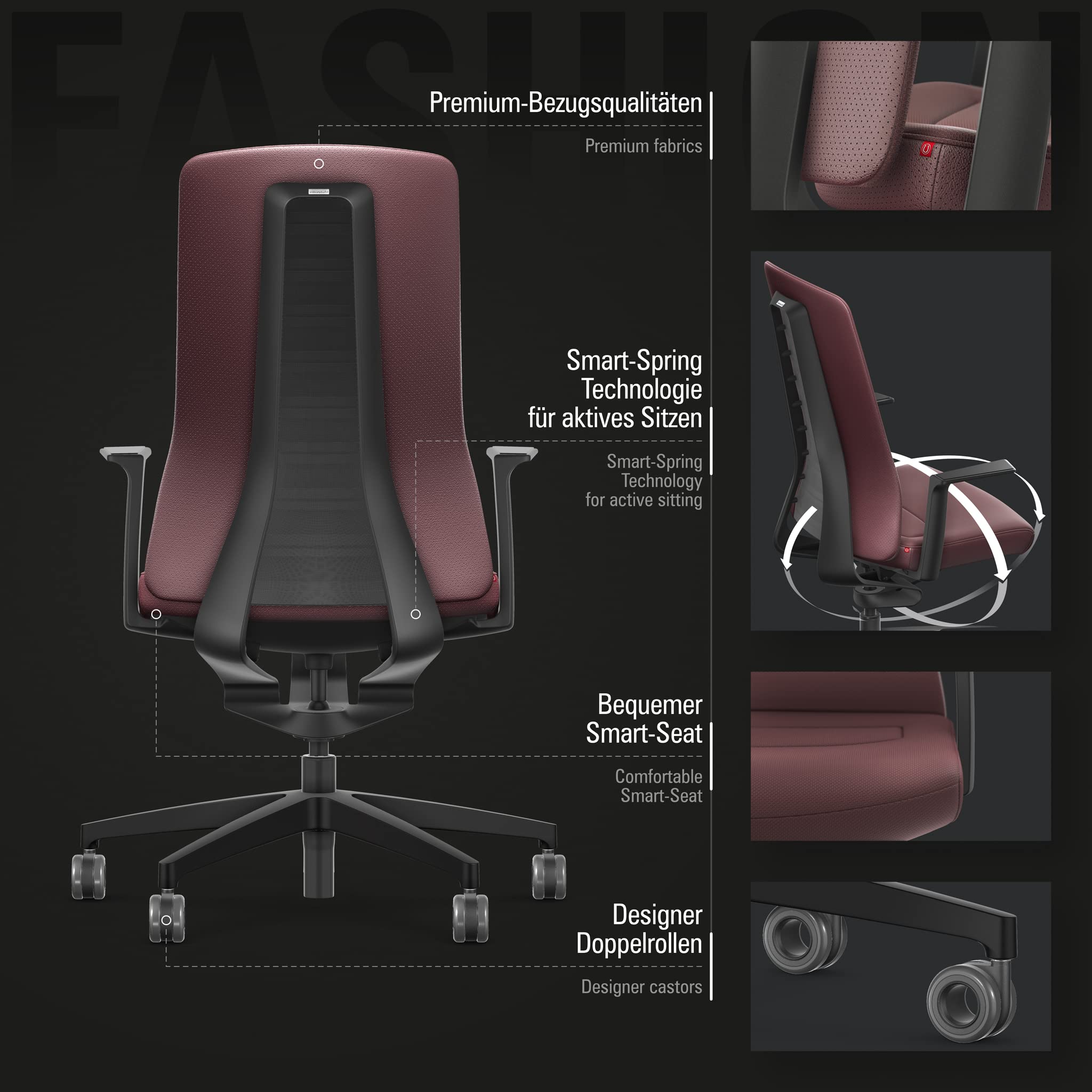 Interstuhl Pure Fashion Edition – Der Bürostuhl der Sich an Gewicht und Bewegung anpasst – ausgestattet mit der nachgewiesen ergonomischen Smart-Spring Technologie (1D-Armlehnen, Boredaux | WineRed)