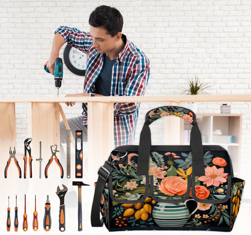 Colorful Flower Tool Bags for Men Women Large Multi-Pockets Wide Mouth Tool Storage Bags Waterproof Stroage Bags with Adjustabe Shoulder Straper for Electrician Mechanic