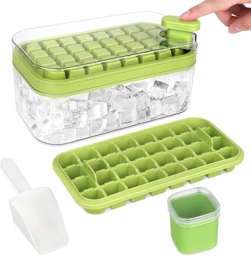 CTSZOOM Bandeja para cubitos de hielo con tapa, cubo y cuchara, 64 moldes para cubitos de hielo, 2 bandejas, molde para cubitos de hielo para