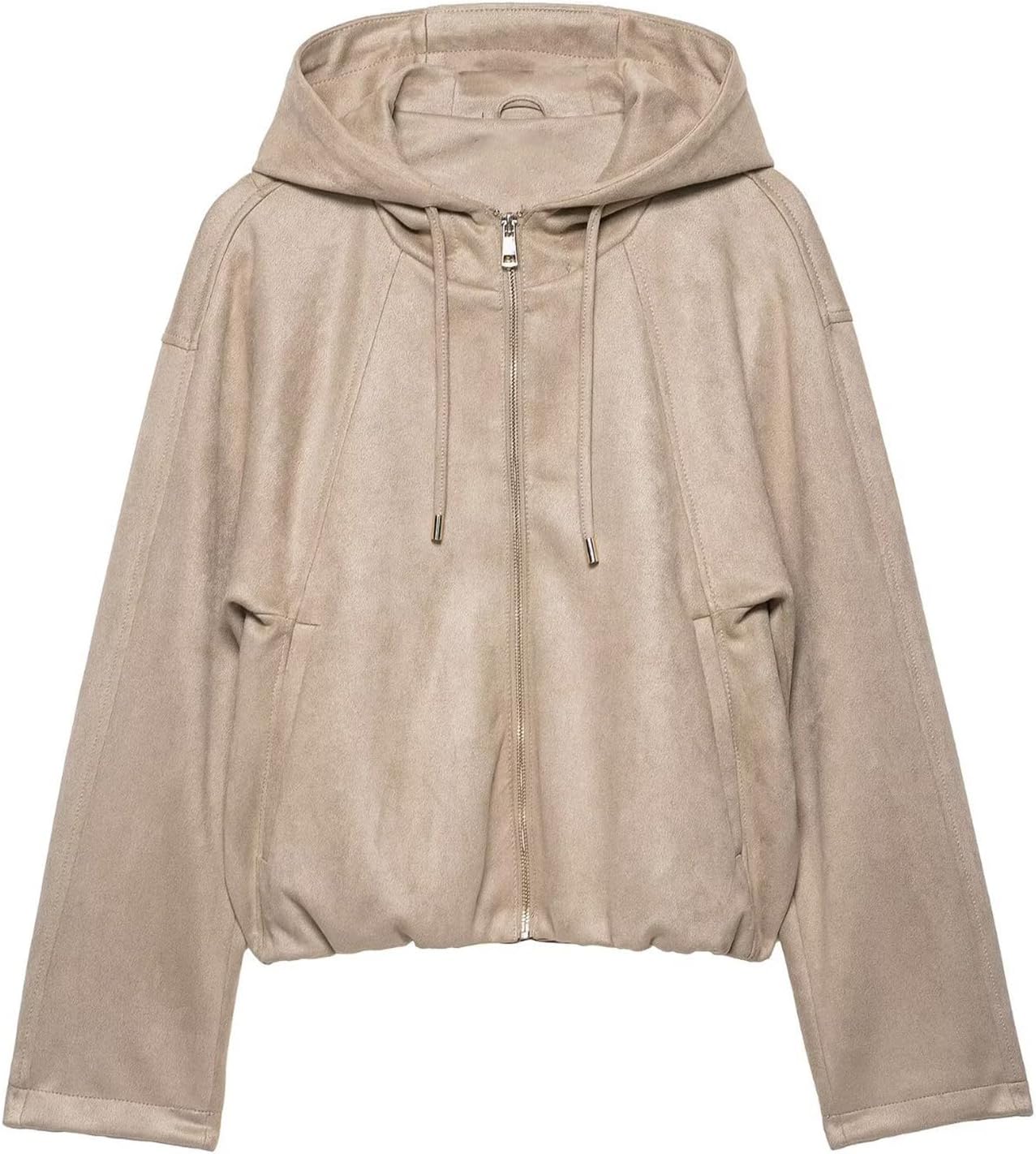 Kissonic Womens Faux Suede Bomber Jacket Drawstring Hooded Pilot Cropped Coat Zipper Casual Outerwear with Pockets